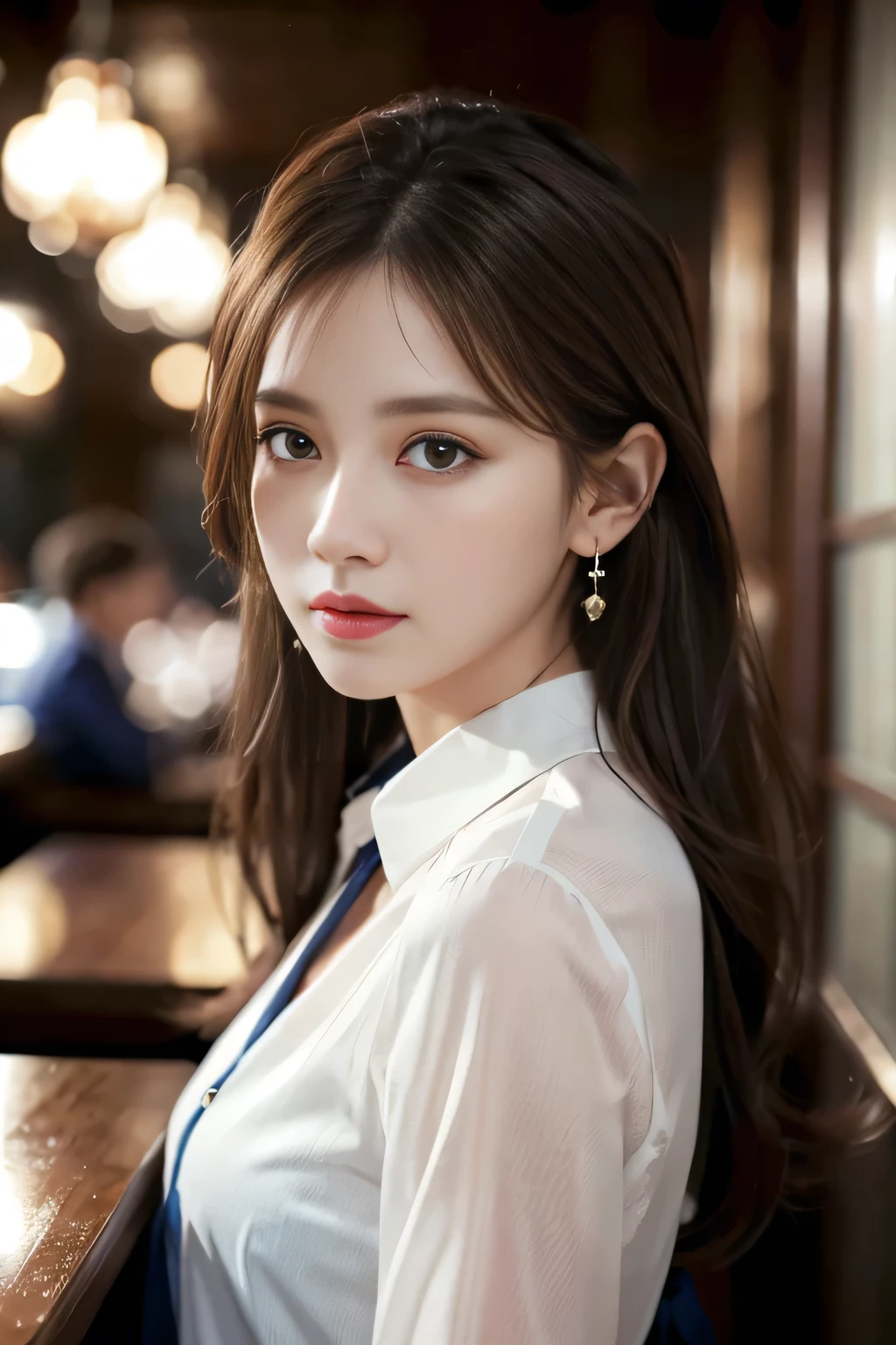 masterpiece, highest quality, Realistic, Very detailed, Finer details, High resolution, 8k wallpaper, One beautiful woman, Wear a navy blue see-through shirt, In a great restaurant, At night, Light brown messy hair, Perfect dynamic composition, Beautiful and beautiful eyes、Big earrings