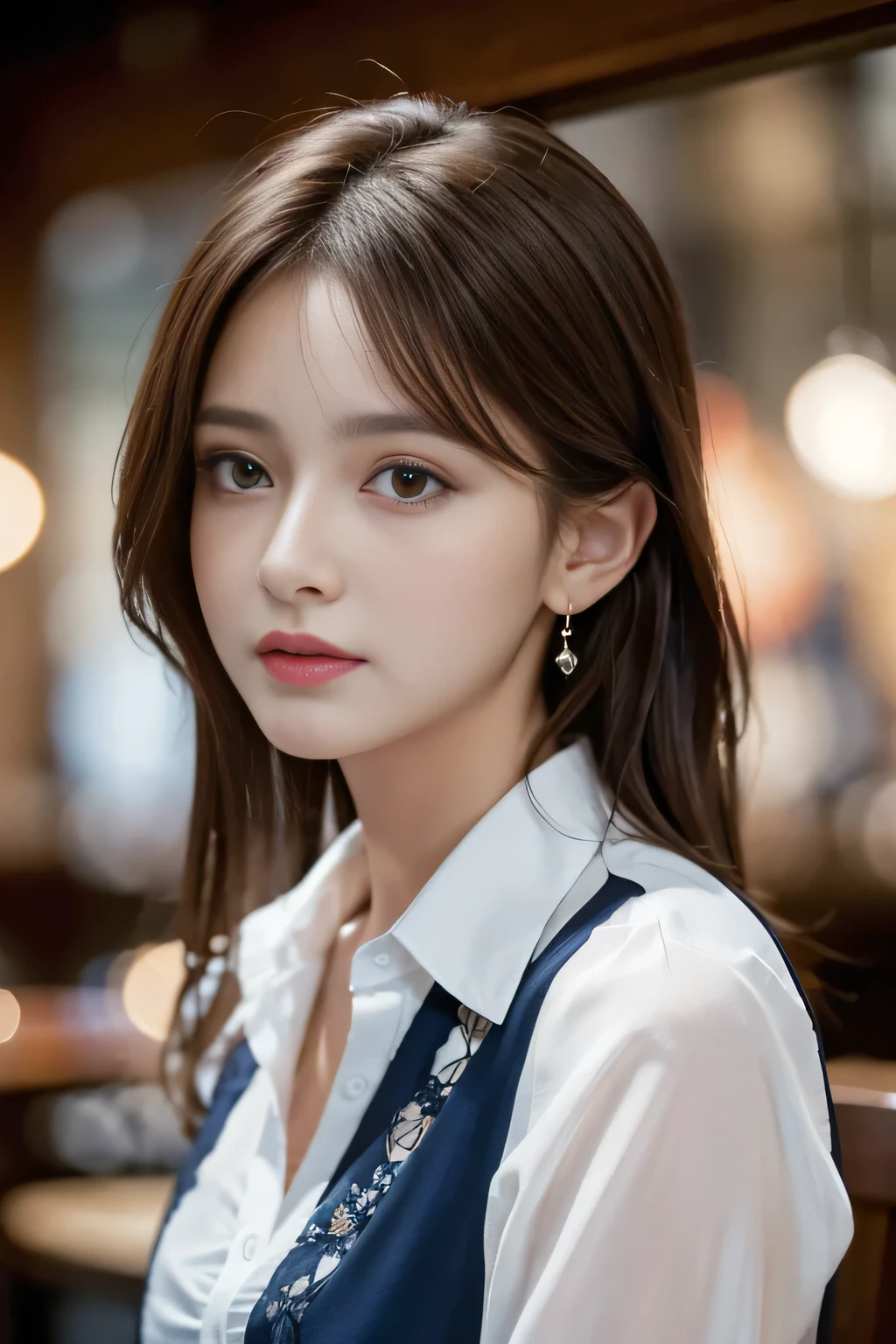 masterpiece, highest quality, Realistic, Very detailed, Finer details, High resolution, 8k wallpaper, One beautiful woman, Wear a navy blue see-through shirt, In a great restaurant, At night, Light brown messy hair, Perfect dynamic composition, Beautiful and beautiful eyes、Big earrings