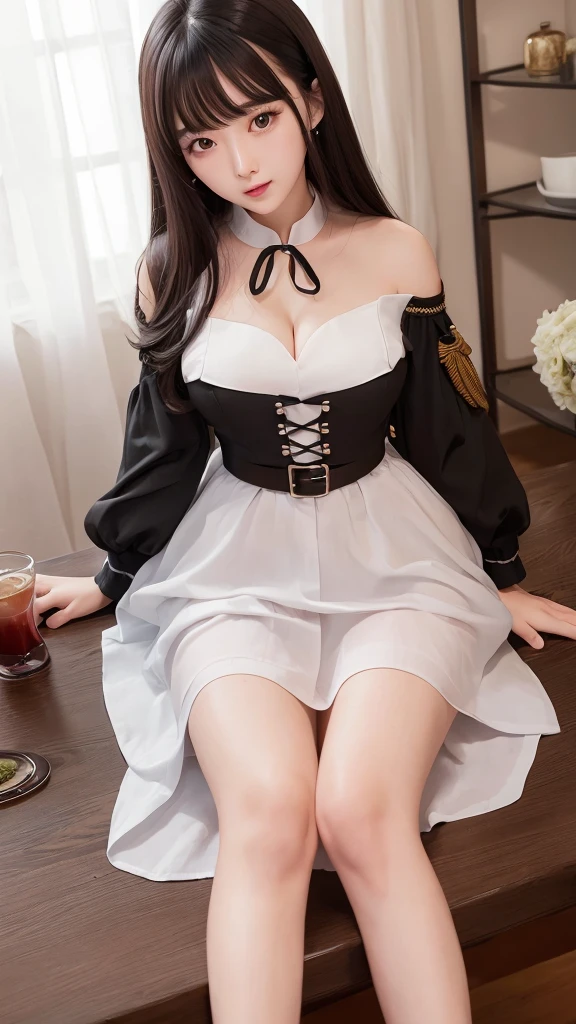 ((high quality)), ((On the table)), (Delicate face), (emphasize), Princess、Large Breasts、Bangs、Black Hair、combat uniform、skirt、