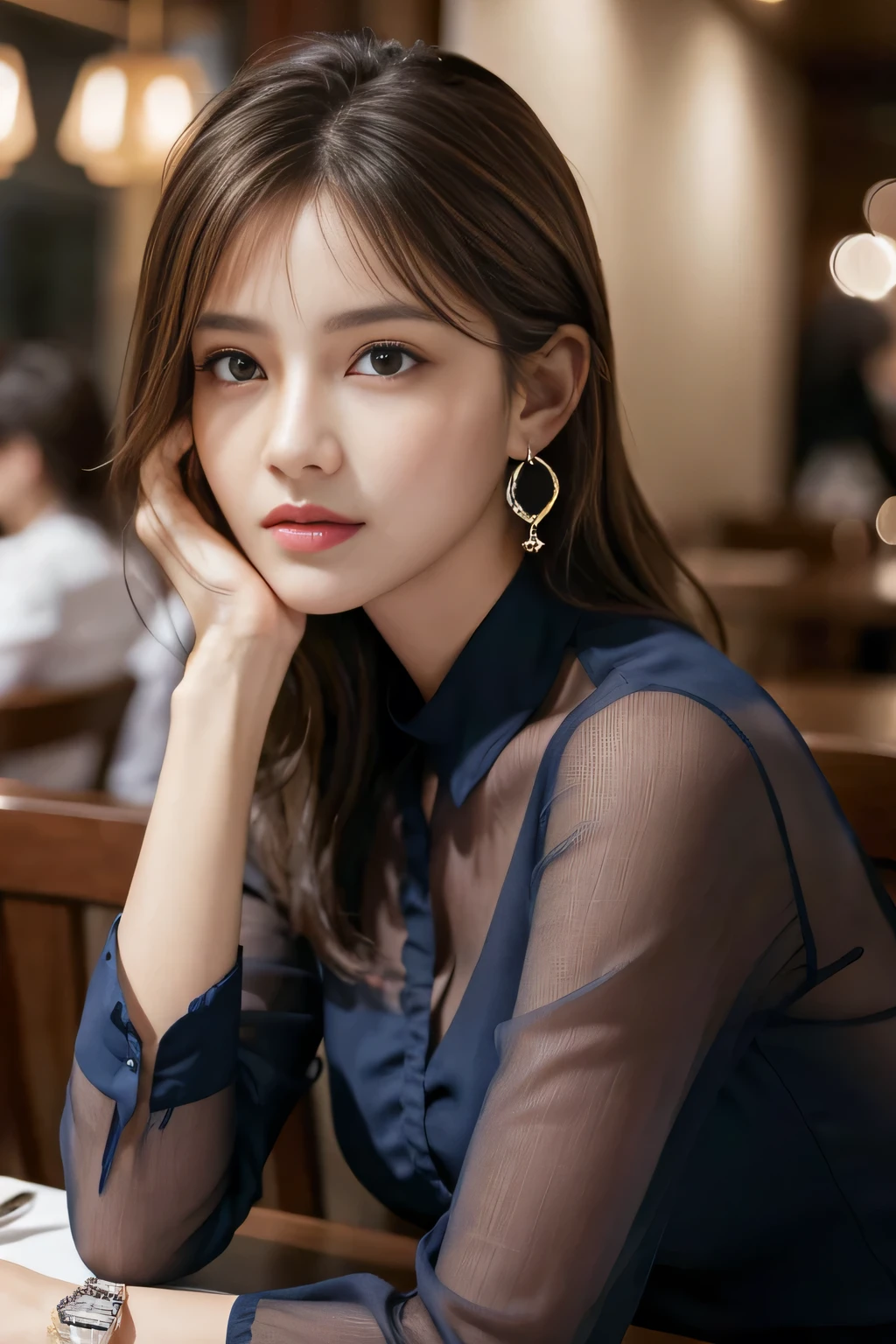 masterpiece, highest quality, Realistic, Very detailed, Finer details, High resolution, 8k wallpaper, One beautiful woman, Wear a navy blue see-through shirt, In a great restaurant, At night, Light brown messy hair, Perfect dynamic composition, Beautiful and beautiful eyes、Big earrings