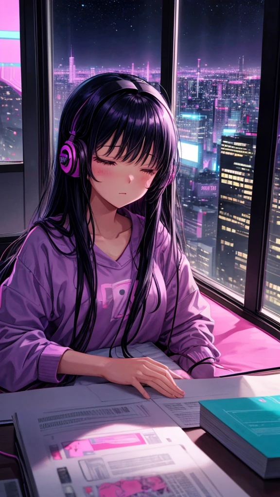 Purple neon-colored illustration video with a Lofi Art anime. A girl is sleeping on her stomach at a desk with her headphones on, listening to music. The girl has long black hair with bangs. Outside the window, you can clearly see the city night view and high buildings. It’s going to give off a city pop vibe.