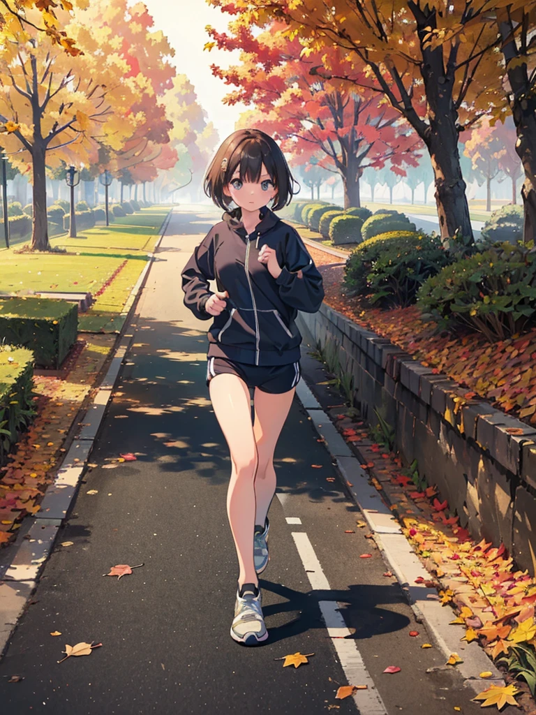 masterpiece, award winning, super detail, high quality, illustration, drawing, girl, solo, she is jogging, short hair, autumn clothes, at the park, tree-lined avenue, the trees are turning autumn leaves, in the morning, in autumn, natural light, sporty