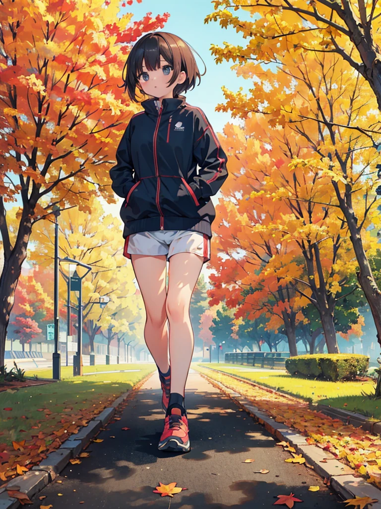 masterpiece, award winning, super detail, high quality, illustration, drawing, girl, solo, she is jogging, short hair, autumn clothes, at the park, tree-lined avenue, the trees are turning autumn leaves, in the morning, in autumn, natural light, sporty