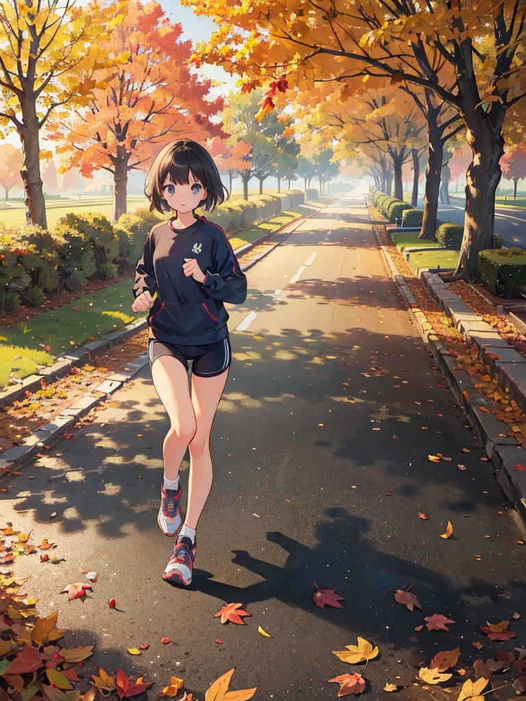 masterpiece, award winning, super detail, high quality, illustration, drawing, girl, solo, she is jogging, short hair, autumn clothes, at the park, tree-lined avenue, the trees are turning autumn leaves, in the morning, in autumn, natural light, sporty