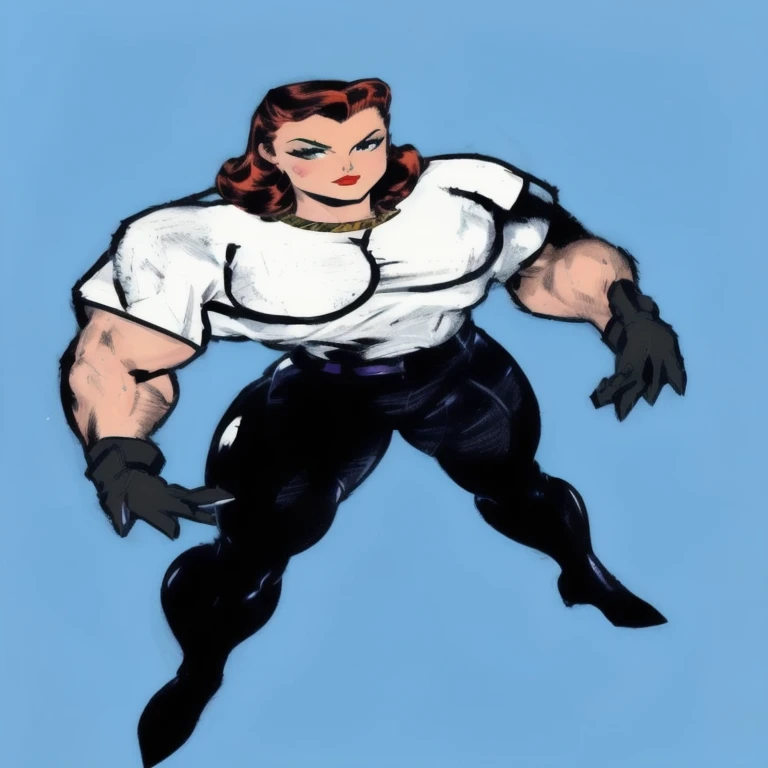 a drawing of a woman in a white shirt and black pants, inspired by Milton Caniff, comic book character, 90s comic book character design, dinah drake, inspired by José Comas Quesada, mark schultz, full body portrait of jean grey, inspired by Bruce Timm, comic character, inspired by W. Lindsay Cable, inspired by Daphne Allen, digitally colored