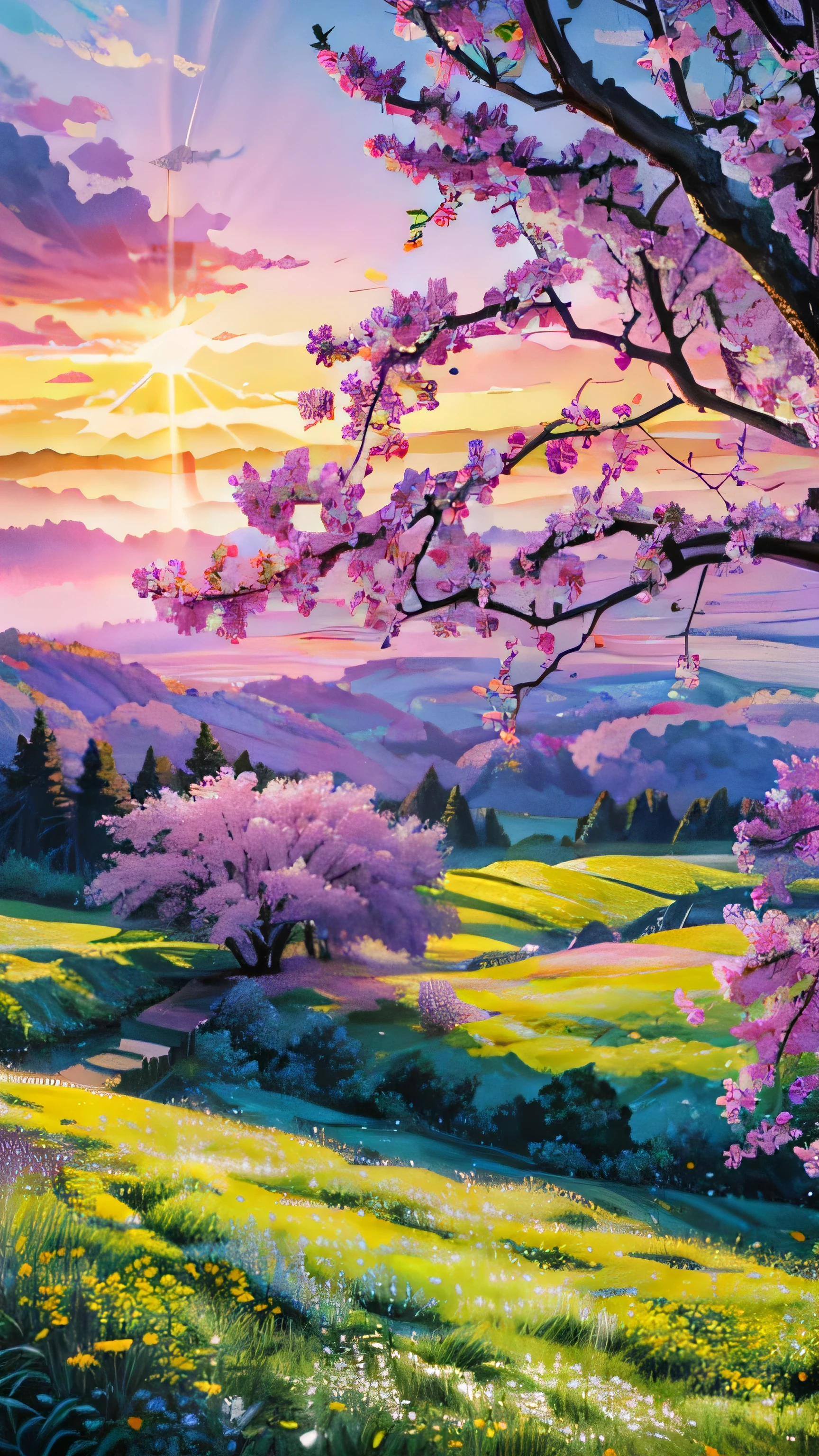 a field full of yellow flowers with a sunset in the background, violet and yellow sunset, at sunrise in springtime, japan nature, sunset warm spring, countryside in japan, japanese countryside, floral sunset, lush japanese landscape, ( colorful ), lush sakura trees, long violet and green trees, beautiful summer landscape, detailed fields nature, japanese landscape, beautiful dreamy landscape, sunny landscape, 4k hd,, beautiful art uhd 4 k, a beautiful artwork illustration, beautiful digital painting, highly detailed digital painting, beautiful digital artwork, detailed painting 4 k, very detailed digital painting, rich picturesque colors, gorgeous digital painting