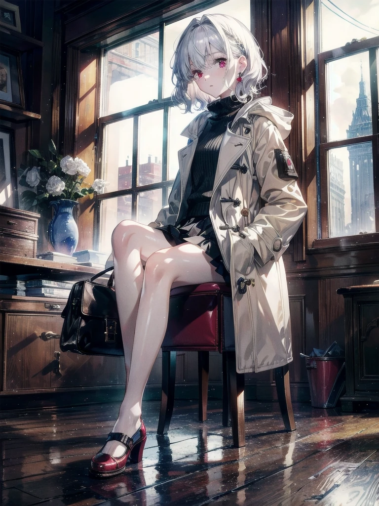 duffle coat, absurdres, RAW photo, extremely delicate and beautiful, masterpiece, Best Quality, ultra high resolution, 32k, hyperrealistic, ultra-detailed, detailed description, pale skin, 20 years old, tearful mole, earring, short medium hair, wavy hair, whole body shot, legs, Red eyes,