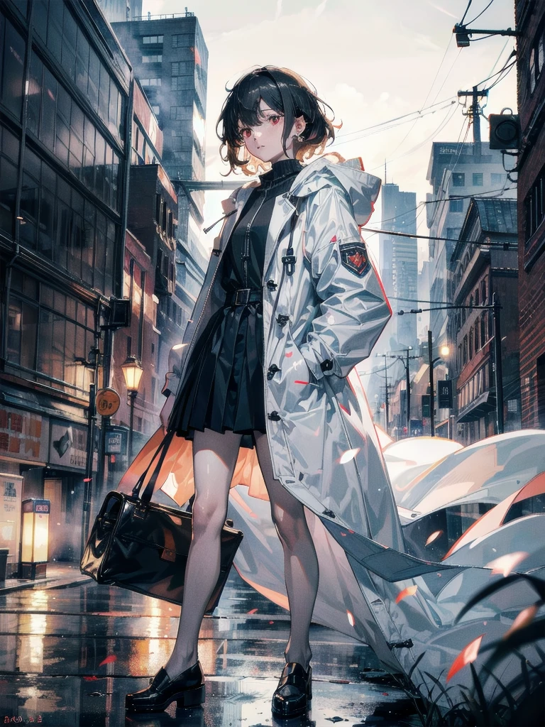 duffle coat, absurdres, RAW photo, extremely delicate and beautiful, masterpiece, Best Quality, ultra high resolution, 32k, hyperrealistic, ultra-detailed, detailed description, pale skin, 20 years old, tearful mole, earring, short medium hair, wavy hair, whole body shot, legs, Red eyes,