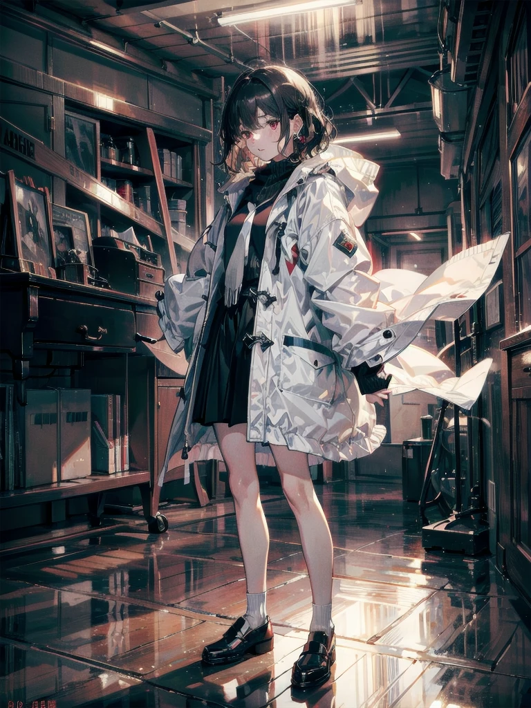 duffle coat, absurdres, RAW photo, extremely delicate and beautiful, masterpiece, Best Quality, ultra high resolution, 32k, hyperrealistic, ultra-detailed, detailed description, pale skin, 20 years old, tearful mole, earring, short medium hair, wavy hair, whole body shot, legs, Red eyes,