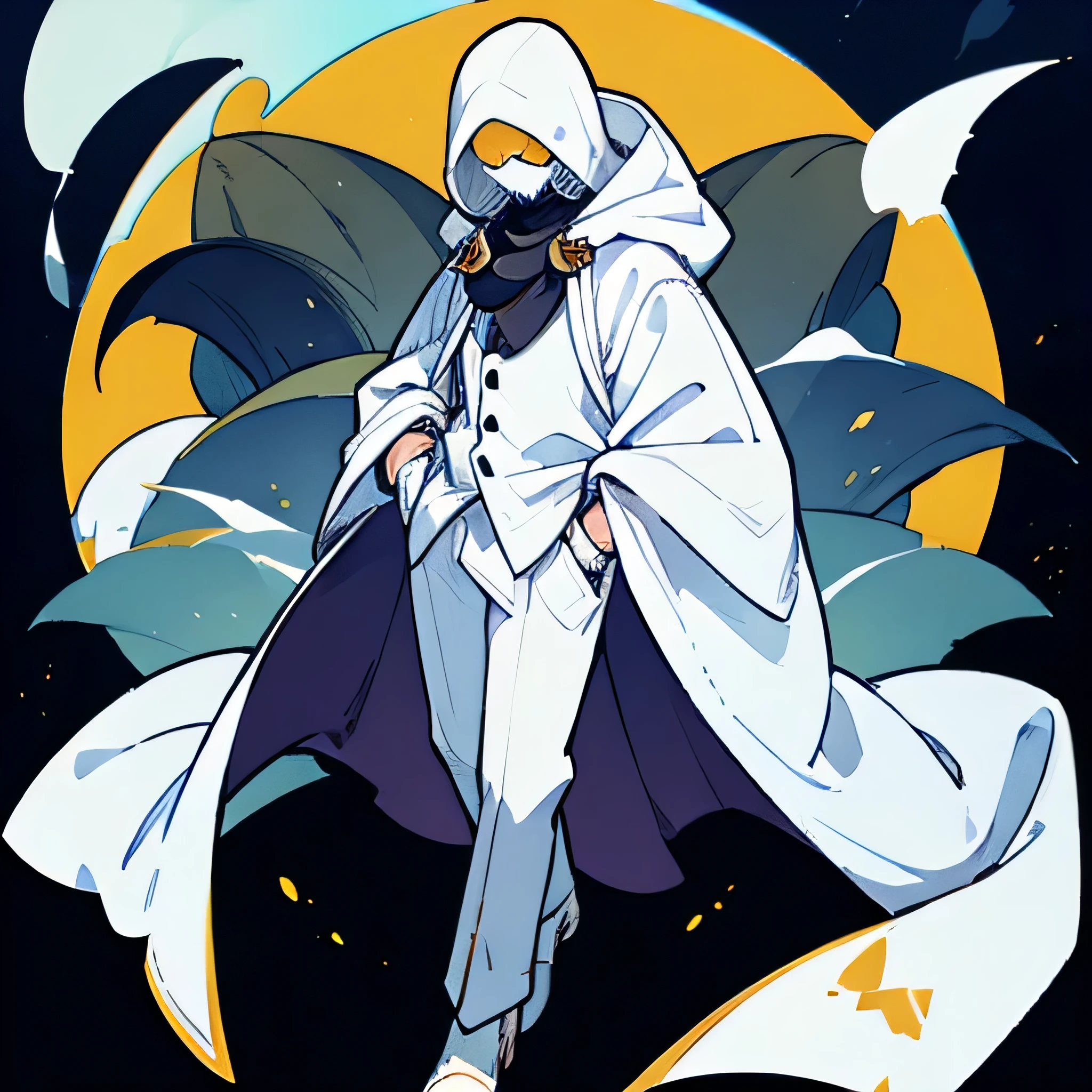 a completely white person wearing a white sweatshirt with a white hood, wearing a white mask that covers the entire face, with almost no details on the mask, the mask has two buttons for the eyes and a sad mouth sewn onto the mask, the character is full body , with his hands in his pockets, he is looking forward, behind him there is a dark forest with moon lighting, only this character in the drawing, the clothes have no details and neither does the mask