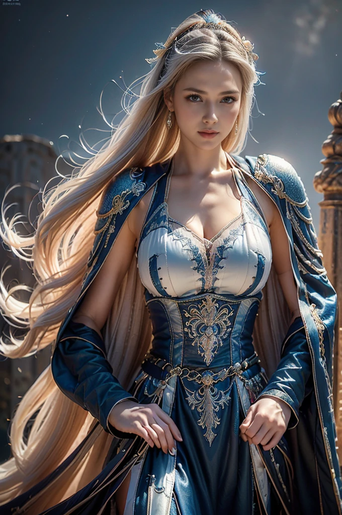 masterpiece，Best quality，high resolution，8K，((portrait))，(Head close-up)，original photo，real picture，Digital Photography，(medieval fantasy style的女性冒险者)，(medieval female adventurer)，25-year-old female，(Dark blue gradient for hair)，Short white hair，Red Eyes，(White gray gradient long hair，White)，(Large Breasts)，Luxurious decoration，Open lips，Keep your mouth smooth and attractive，((frown))，Serious and arrogant，Calm and handsome，(Medieval leather in a dreamy style，Combined Armor，Cloak，Animal Leather Armor，coat)，Photo poses，medieval fantasy style，Night city background，oc render reflection texture