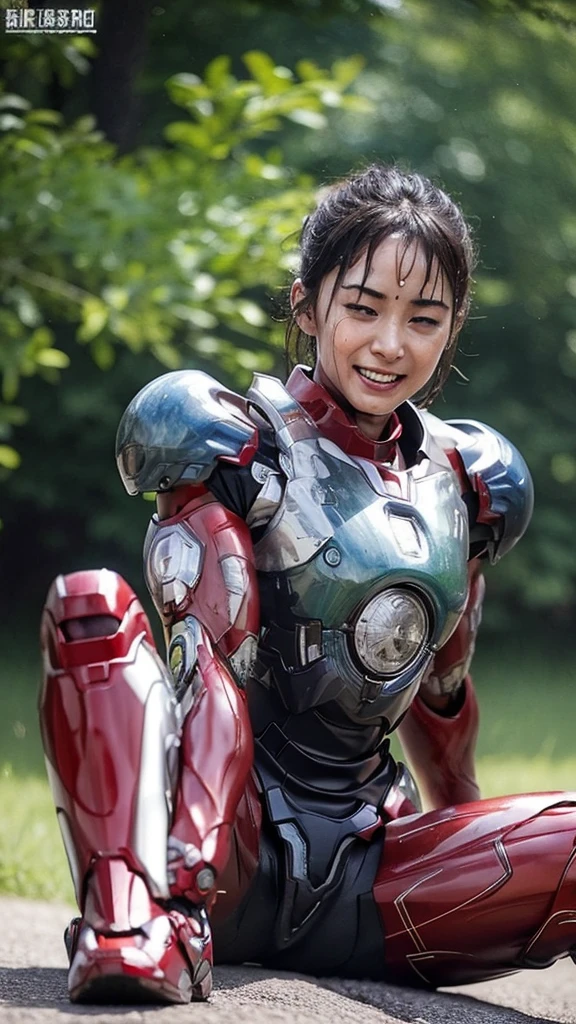 最high quality　8k Iron Man Suit Girl、、、Junior high school girl、　Hyperrealism, Super detailed, high quality, Anatomically correct, 16k, High resolution, Textured skin、Ultra short hair、boyish、、Sweaty、Red and Black　Spread your legs wide　I can see the vagina　Sitting cross-legged　Very Short Hair　Black Hair　Drooling from the mouth　look up　profile　Sweat dripping　((Help me get changed))smile　　Soaking wet　Steam coming from the head　Turn your back　(Yoga poses) Full body portrait　Armor up to the neck