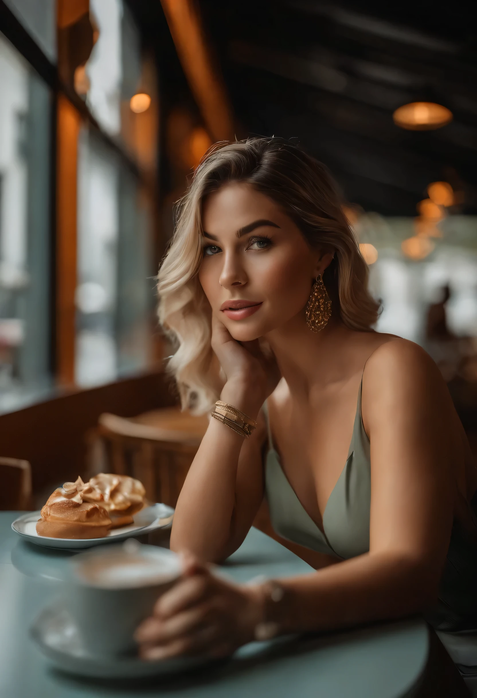 .Half-length photograph of a beautiful, attractive woman in a modern cafe with many windows ::3 Moda, Forma moderna - roupa que acentua seu corpo perfeito ::2 Fotografia capturada usando uma Canon 6D Mark II com uma lente de 85mm em f/ 4 e ISO 100 ::3 Tiro de glamour, Fotografia premiada, sharp focus, dynamic lighting ::1