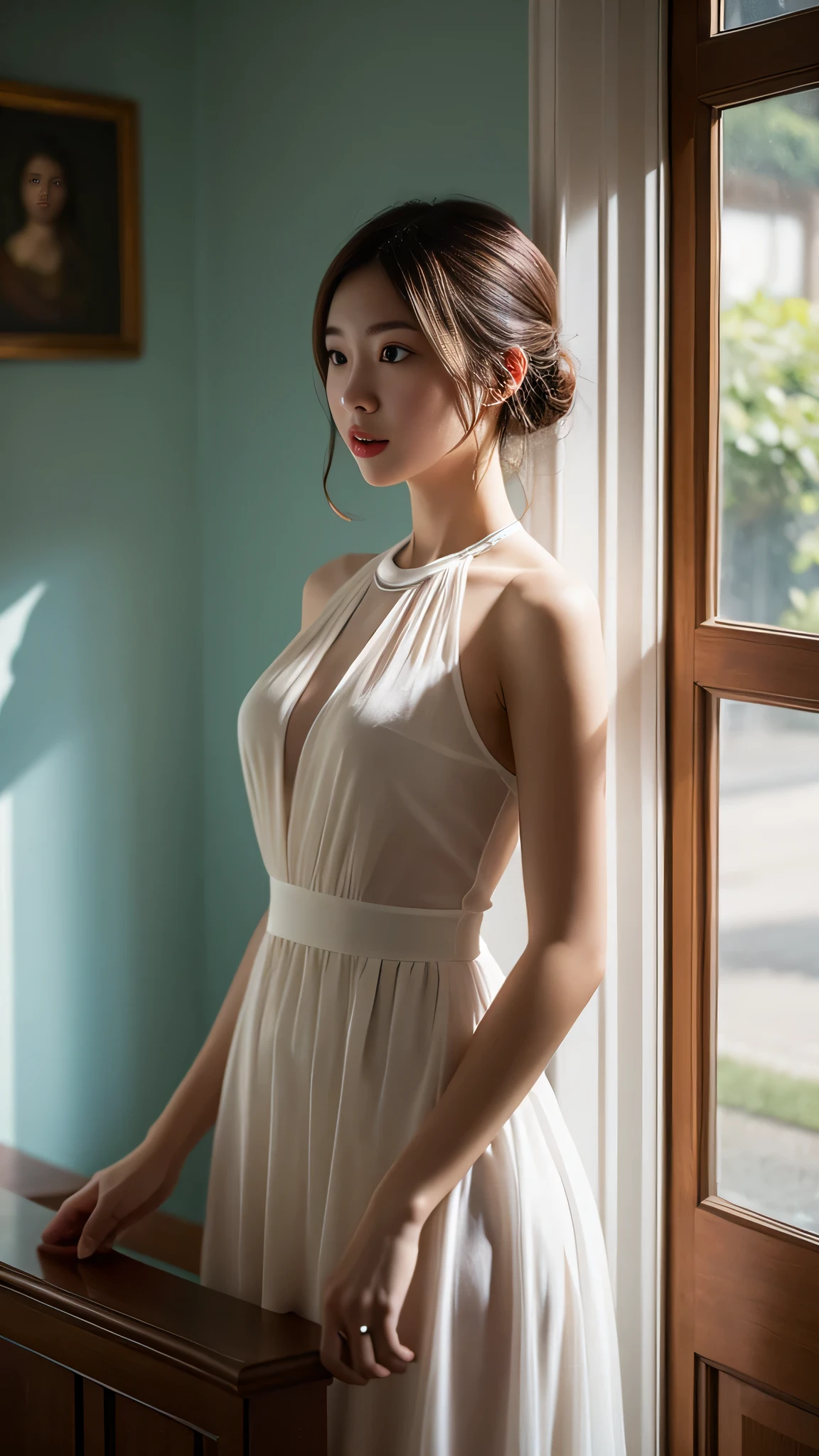 (masterpiece, best quality:1.2), 1 Girl, Solitary, Delicate face, White-skinned female, see through silhouette, White Dress, whole body, indoor