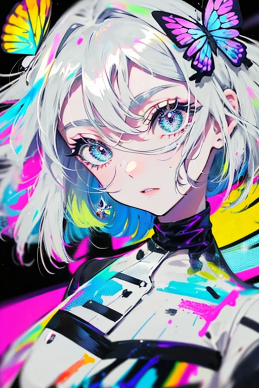 1girl,solo,cute,silver hair,colorful,paint,face focus,perfect face,face is dirty for painting,brilliant eye,vivid eye,colorful eye,glorious,butterfly