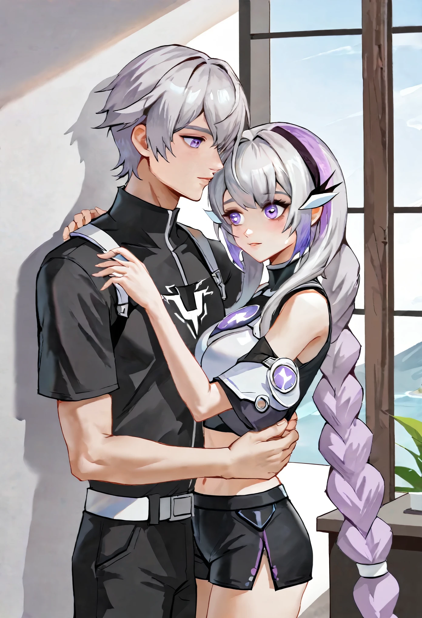 yinji,1 girl,1 boy，Embrace,purple_hair,purple_Eye,Very_long_hair,grey_hair,Braided_Ponytail,Big goals_Chest,slope_hair,