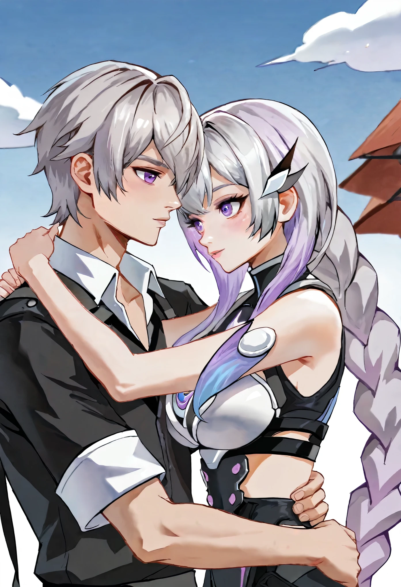 yinji,1 girl,1 boy,Embrace,purple_hair,purple_Eye,Very_long_hair,grey_hair,Braided_Ponytail,Big goals_Chest,slope_hair,
