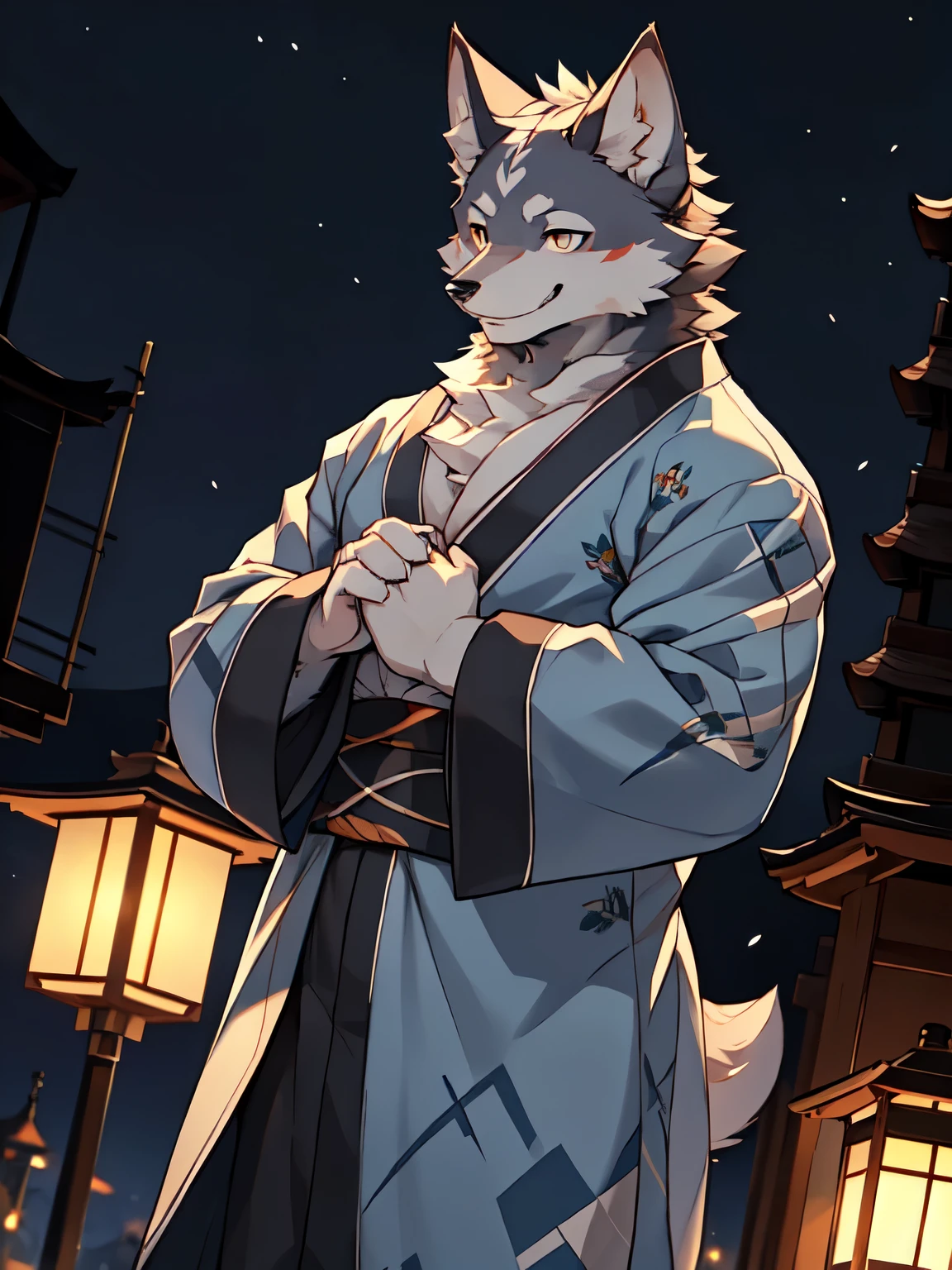 masterpiece, best quality, Delicate face, (Dynamic angles and poses):1.2, Solitary,male, kimono, anthropology (Wolf), (Wolf),black beard, middle aged, grey body, White belly, muscular, kimono, (Dark Blue|Patterned yukata), Cross your hands over your chest,solemn, confident, Strong, Happy ,Smile, Reach out, Night streets of Japan, Active atmosphere, night, lantern, Festive mood, outdoor,( Depth of Field), beautiful and aesthetic, Delicateeyes, Delicate canine teeth, Correct anatomy, right hand, HD, Dark, dark, shadow, Light to dark, Movie, Dramatic lighting, Wide dynamic range, HDR, Low light: 1.2, by Pino Deheni, (Ruadri), author:virtyalfobo