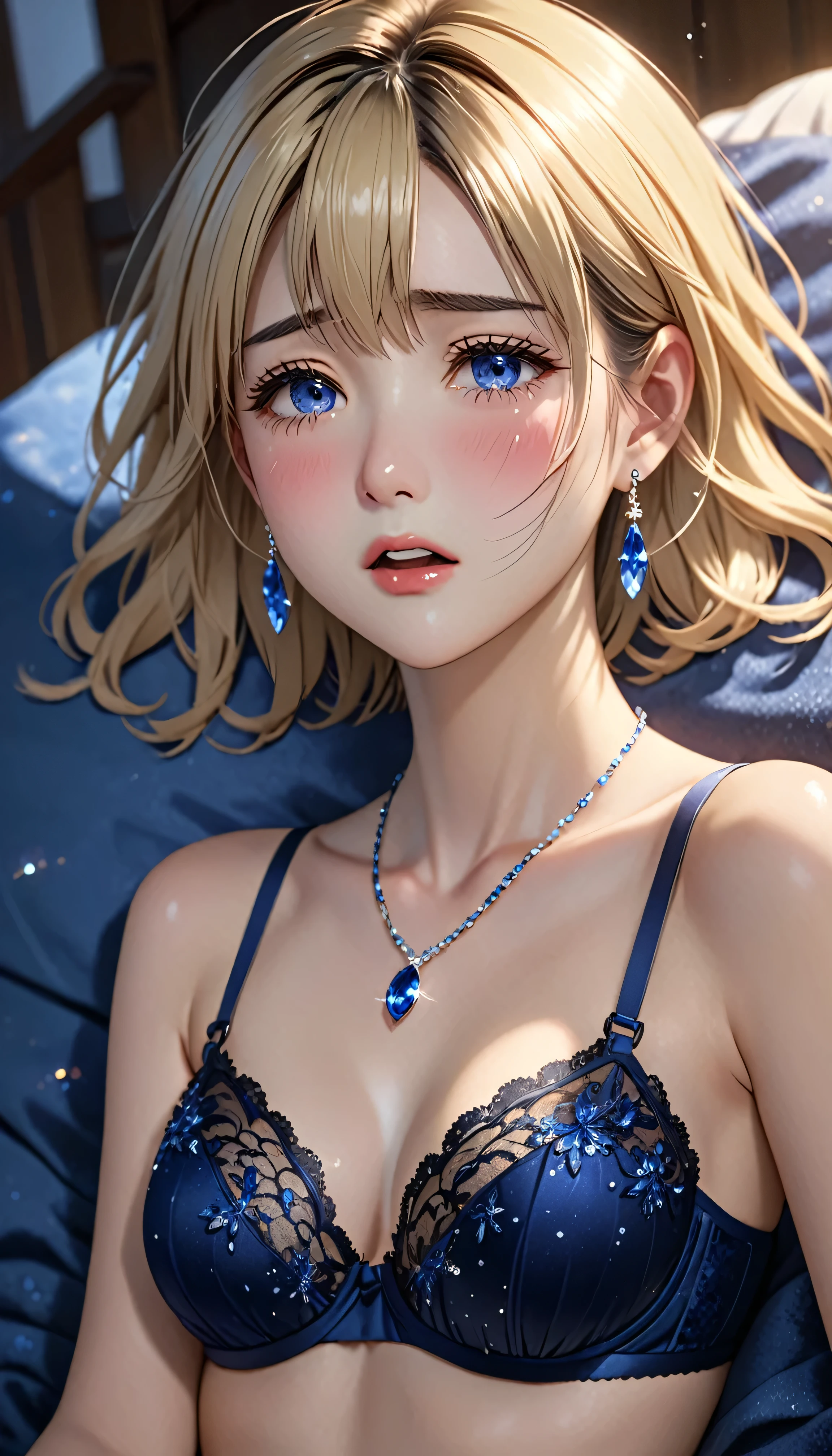 National Science Foundation,masterpiece,High resolution,8K,Art,digit,Three-dimensional,Realism,Kyoto Animation Style,Your name style,looking into camera,Soft Light,Glowing skin,(1 female: 1.3),(alone: 1.4),(((blonde))),(Gorgeous,Sparkling black lace bra and briefs),(Gorgeous sparkling black lace over-the-knee stockings),(Sapphire hairpin),(Small,sapphire necklace),(Small,Sapphire earrings),Long eyelashes,Slender legs,Short Bob,Close-up of upper body,Close-up,lying down,(Eyes that sparkle like sapphires),(open mouth),(blush),(shy),(lovely and delicate),(Pitiful),(cry),(pain),(shed tears),(((sadness)))