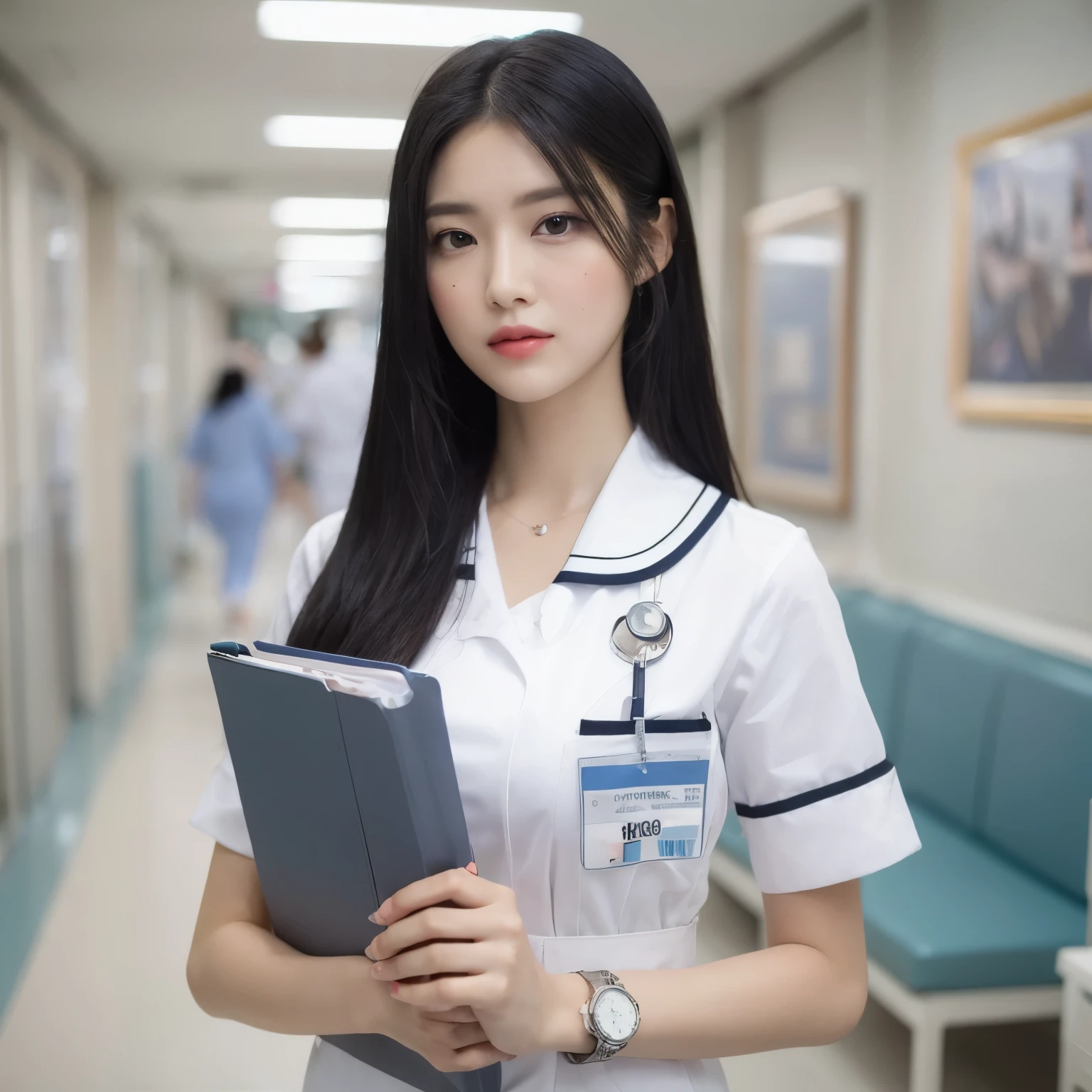 ((Best quality, 8k, Masterpiece :1.3)), Whole body, Long legs, Sharp focus :1.2, a young woman, nurse, long black hair, white nurse uniform, pink lips, eyeshadow, hospital background, wearing a watch, carrying a folder, Asian woman, career woman, realistic, ultra HD, Highly detailed face and skin texture, Detailed eyes, Double eyelid, ((Perfect Fingers, Perfect Eyes)) 