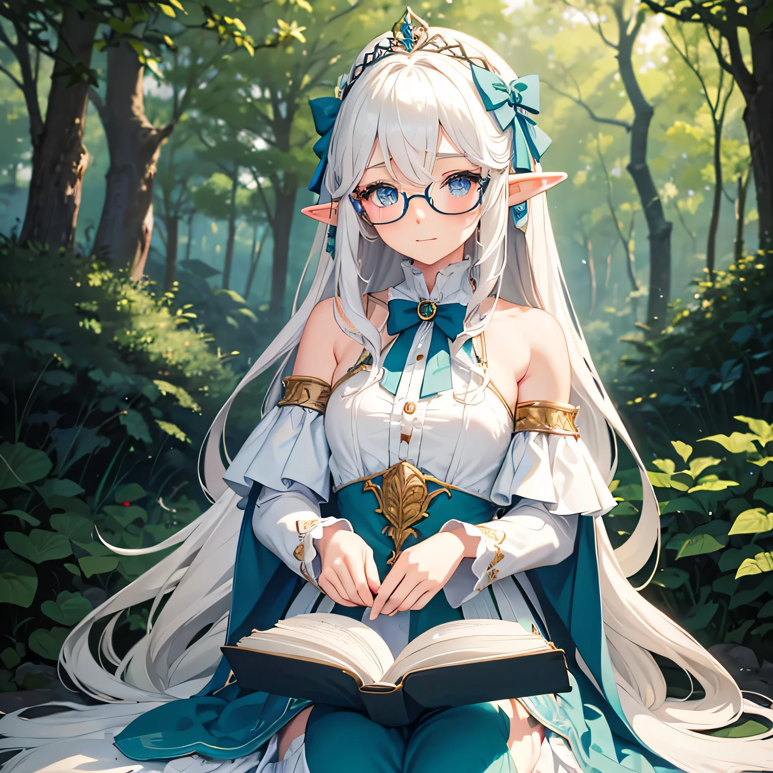 Shy elf woman, elf ears, white wavy hair, beautiful detailed blue eyes, round glasses, blushing, white princess dress, hair bow, beautiful forest background, reading book, 4k