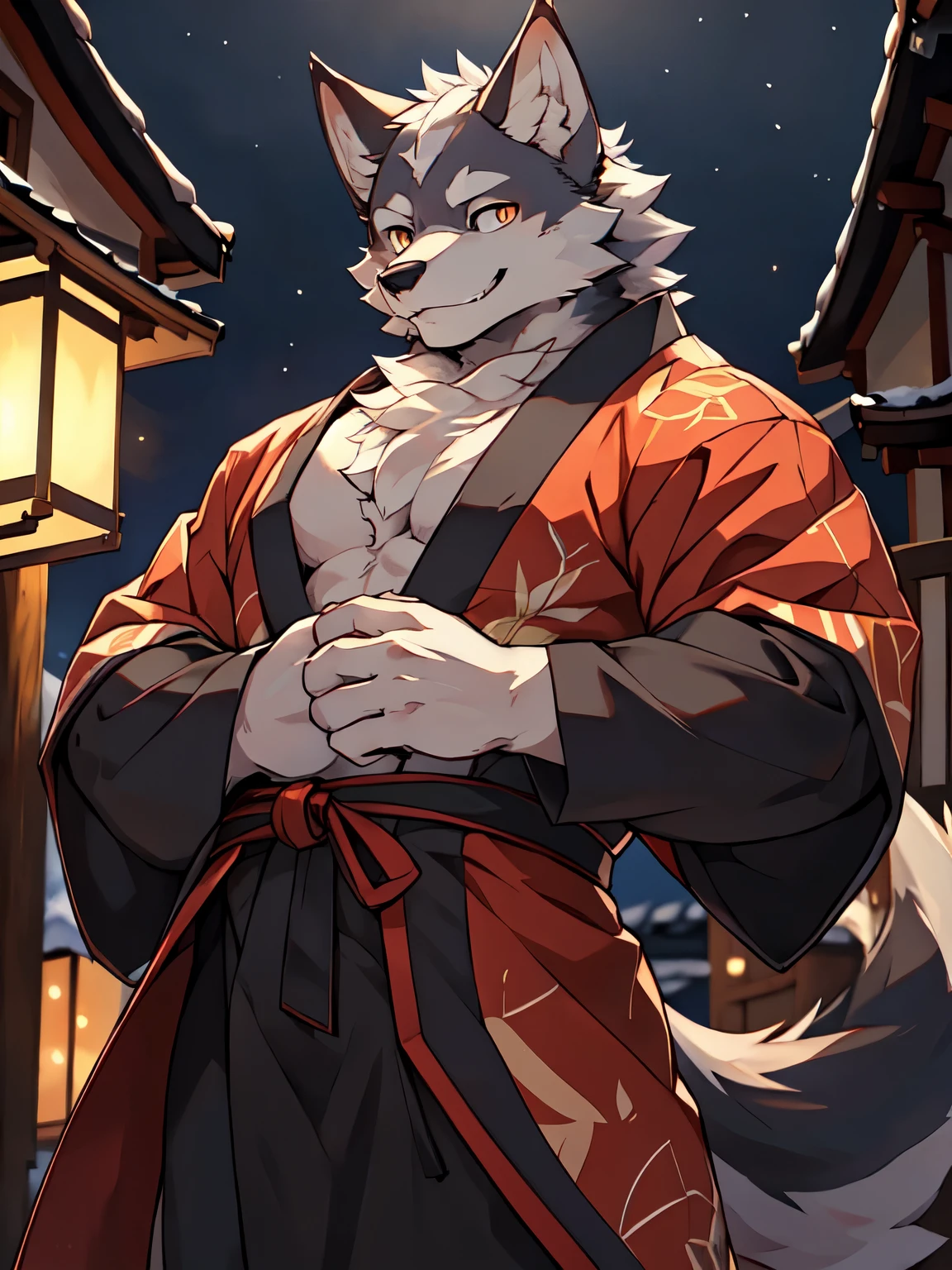 masterpiece, best quality, Delicate face, (Dynamic angles and poses):1.2, Solitary,male, kimono, anthropology (Wolf), (Wolf),black beard, middle aged, grey body, White belly, muscular, kimono, (Dark Blue|Patterned yukata), Cross your hands over your chest,solemn, confident, Strong, Happy ,Smile, Reach out, Night streets of Japan, Active atmosphere, night, lantern, Festive mood, outdoor,( Depth of Field), beautiful and aesthetic, Delicateeyes, Delicate canine teeth, Correct anatomy, right hand, HD, Dark, dark, shadow, Light to dark, Movie, Dramatic lighting, Wide dynamic range, HDR, Low light: 1.2, by Pino Deheni, (Ruadri), author:virtyalfobo