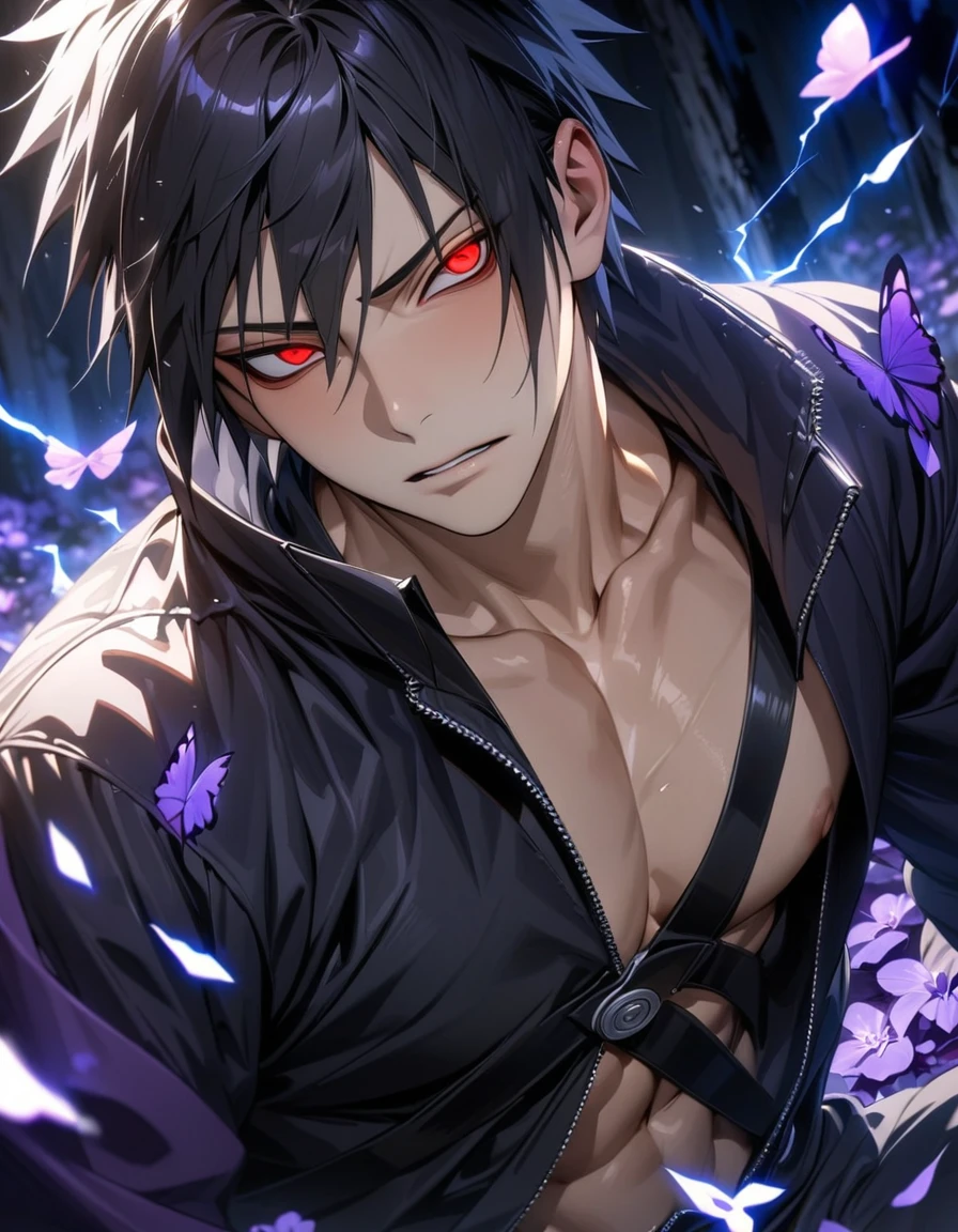 absurdres, highres, ultra detailed, HDR, masterpiece, extremely detailed face and eyes, Uchiha Obito, black hair, short hair, with bangs, expressive red eyes, Naruto Shippuden, solo, sexy man, handsome, toned chest, black clothes, purple butterflies, purple petals, purple flowers, blue lightning