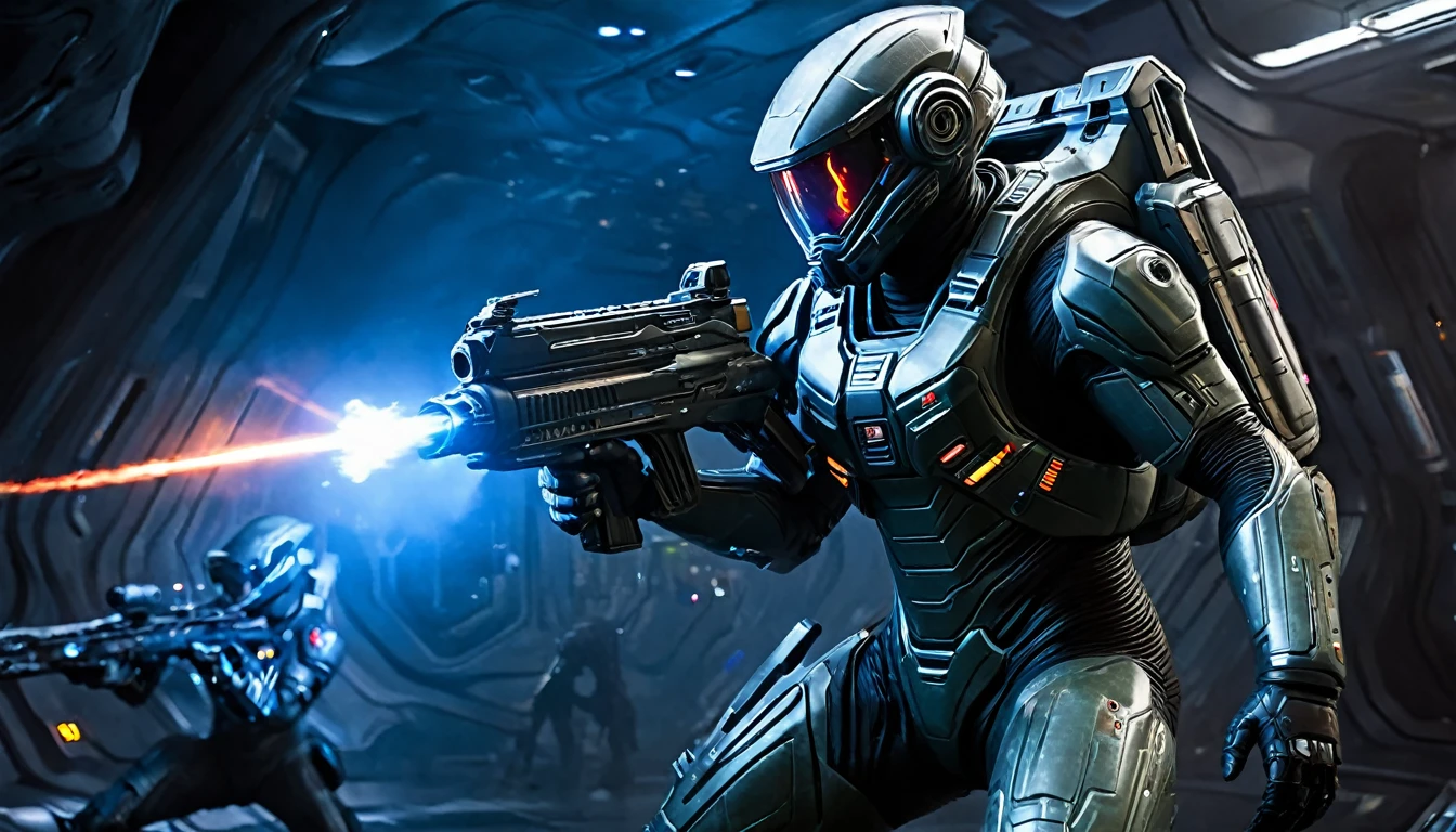 (Masterpiece: 1.3), (8k, realistic, RAW photo, best quality: 1.4),a space solider, euip nova suit, fighting to unknown creatures, and solider have a plasma gun, shooting all the unknown creature, the surrounding area is under the spaceship, alien creatures in spaceship, the situation is do or die, fully realistic Picture