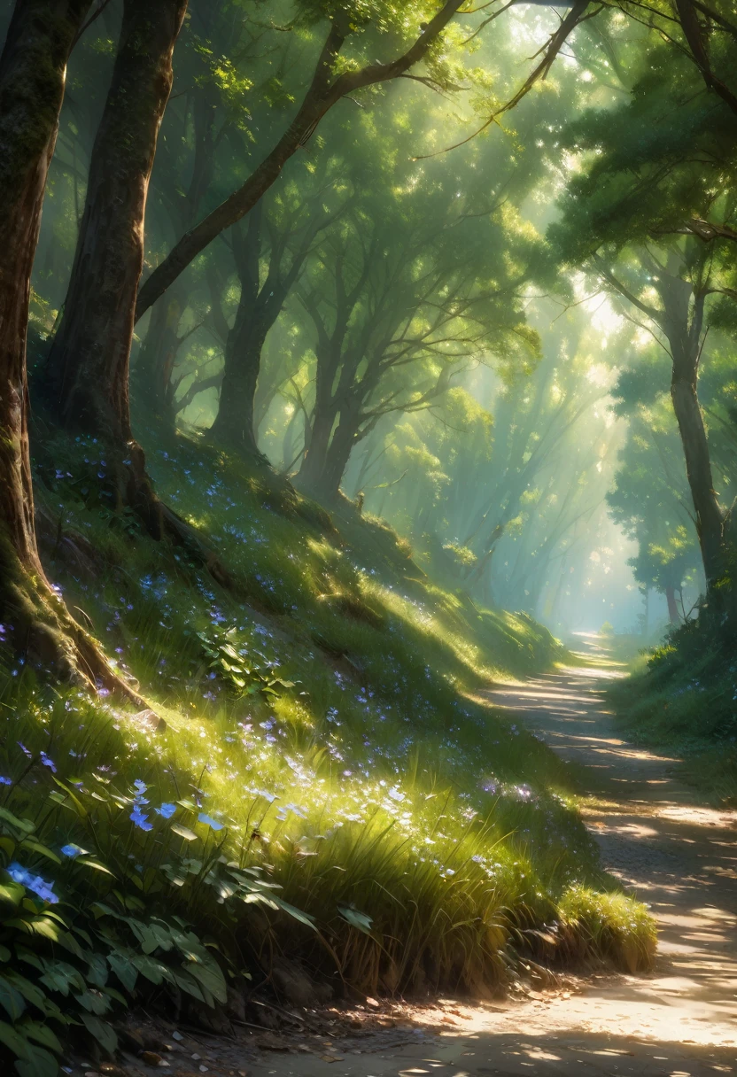 (Absurd:1.5), (Masterpiece:1.3), Top Quality, Absolute Resolution, Unity 8K Wallpaper,ultra-detailed,(realistic,photorealistic,photo-realistic:1.37),dreamy atmosphere,impressionistic style,soft sunlight, vibrant colors,blurred background,authentic brushstrokes,Claude Monet,The Whispering Glade:"In a secluded glade, where the only sound is the gentle whisper of leaves in the breeze, time seems to stand still. Sunbeams filter through the canopy, casting dappled light across the soft mossy floor. This is a haven of peace, untouched by the world beyond its hidden bounds."The Tranquil Pond: