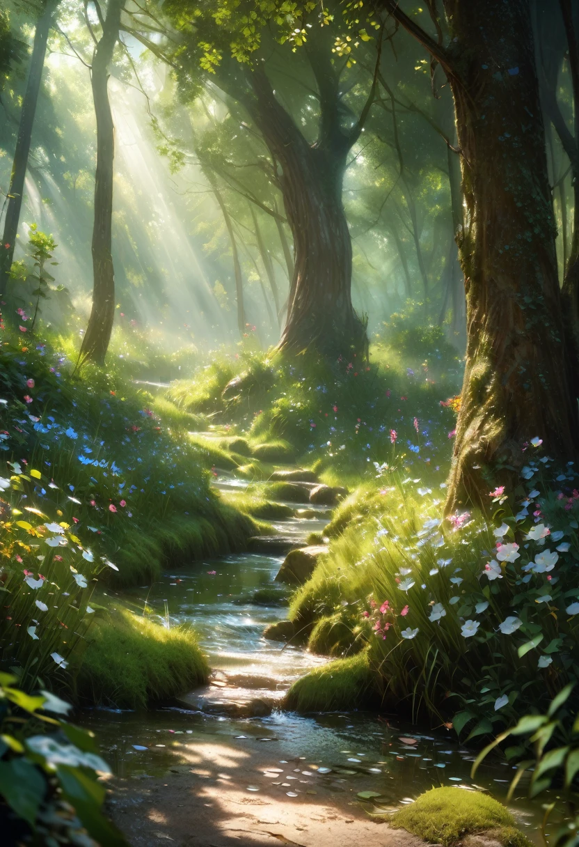 (Absurd:1.5), (Masterpiece:1.3), Top Quality, Absolute Resolution, Unity 8K Wallpaper,ultra-detailed,(realistic,photorealistic,photo-realistic:1.37),dreamy atmosphere,impressionistic style,soft sunlight, vibrant colors,blurred background,authentic brushstrokes,Claude Monet,The Whispering Glade:"In a secluded glade, where the only sound is the gentle whisper of leaves in the breeze, time seems to stand still. Sunbeams filter through the canopy, casting dappled light across the soft mossy floor. This is a haven of peace, untouched by the world beyond its hidden bounds."The Tranquil Pond:
