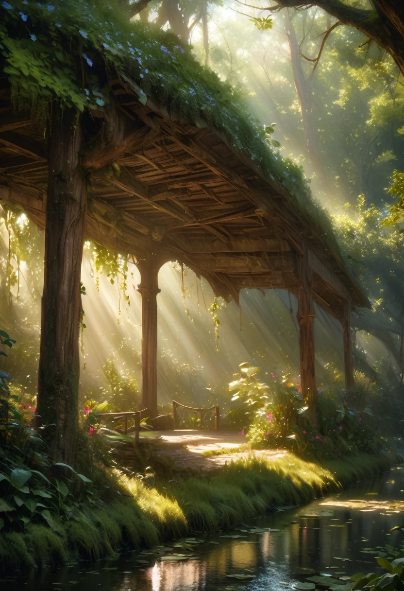 (Absurd:1.5), (Masterpiece:1.3), Top Quality, Absolute Resolution, Unity 8K Wallpaper,ultra-detailed,(realistic,photorealistic,photo-realistic:1.37),dreamy atmosphere,impressionistic style,soft sunlight, vibrant colors,blurred background,authentic brushstrokes,Claude Monet,The Whispering Glade:"In a secluded glade, where the only sound is the gentle whisper of leaves in the breeze, time seems to stand still. Sunbeams filter through the canopy, casting dappled light across the soft mossy floor. This is a haven of peace, untouched by the world beyond its hidden bounds."The Tranquil Pond: