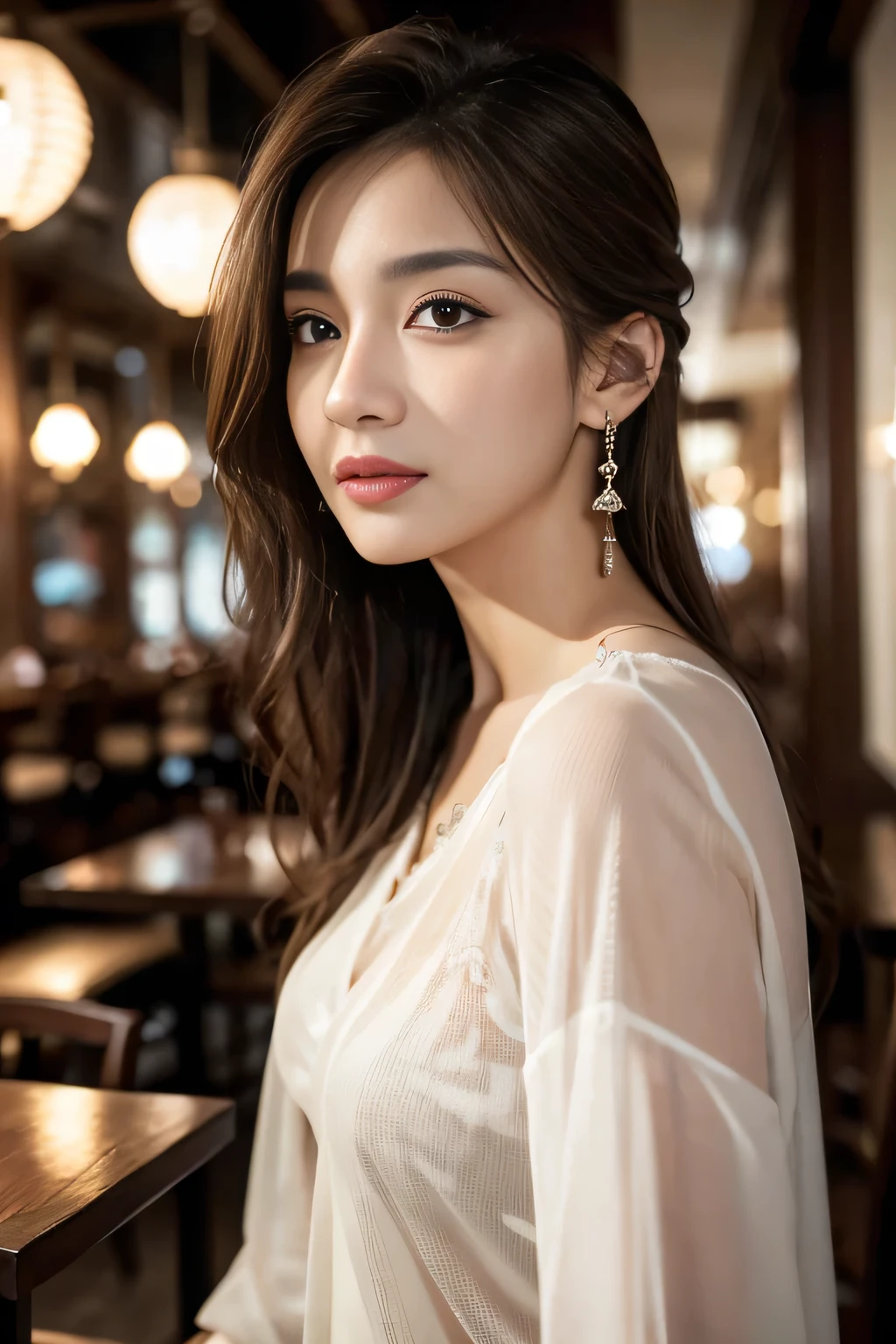 masterpiece, highest quality, Realistic, Very detailed, Finer details, High resolution, 8k wallpaper, One beautiful woman, Wear a see-through shirt, In a great restaurant, At night, Light brown messy hair, Perfect dynamic composition, Beautiful and beautiful eyes、Big earrings