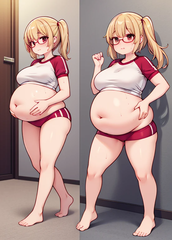 (masterpiece, best quality, highly detailed), 1girls, big belly, huge belly, art by kipteitei, round belly, chubby, curvy, belly grab, enormous belly, fat belly, thicc, bigger belly, really big belly, jiggly belly, (pregnant), glasses, gym clothes, barefoot, (sweaty), ((sweating)), very tight breasts, ((full body)), (grown up), ((milf)), flandre scarlet