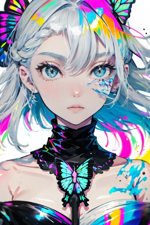 1girl,solo,cute,silver hair,colorful,paint,face focus,perfect face,face is dirty for painting,brilliant eye,vivid eye,colorful eye,glorious,butterfly