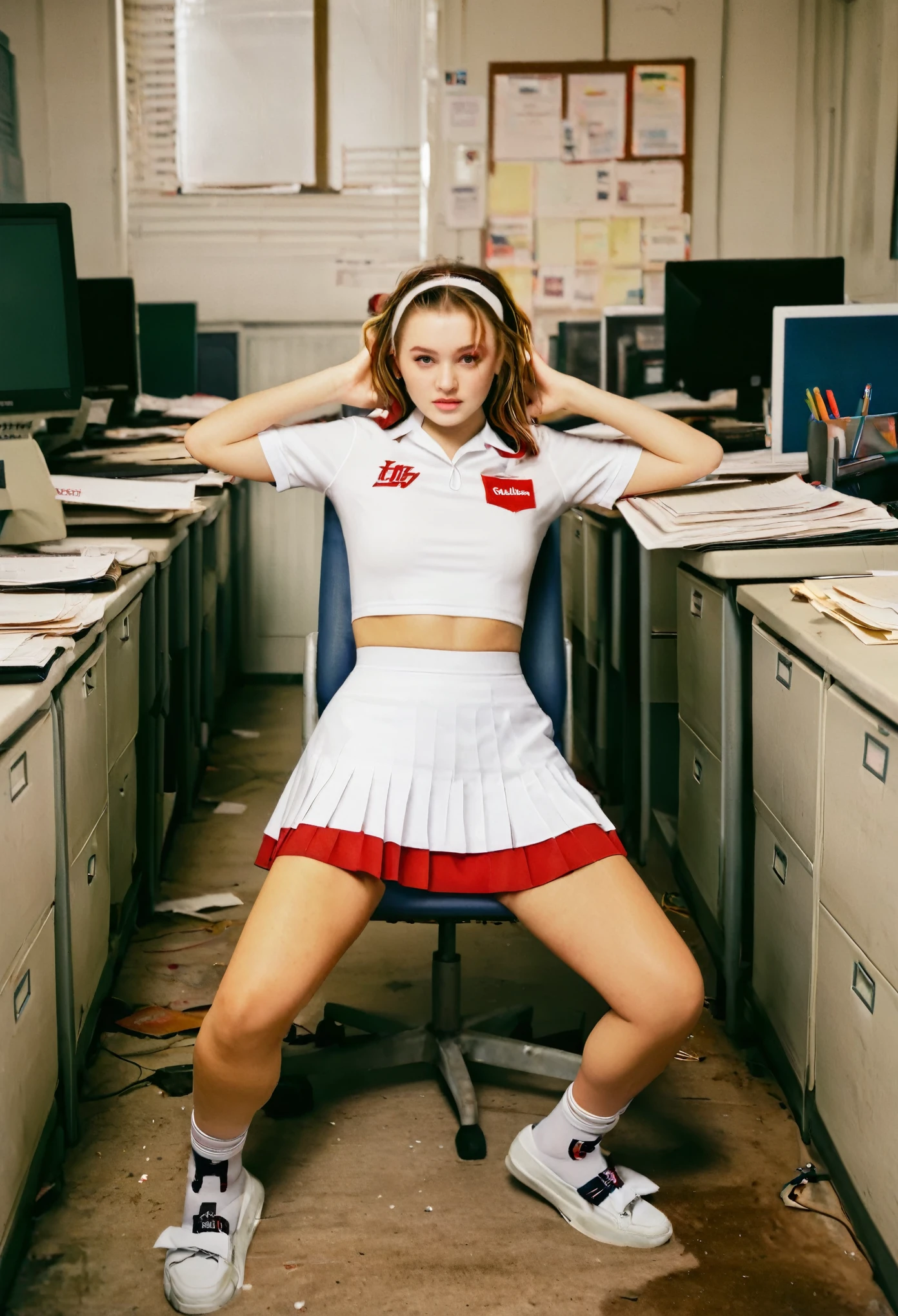 35mm, Fuji Superia 1600, ISO-6400, f/5.6, 1/30, film photography style, heavy grain, technicolor, realism, Hyperrealism style, a full shot photograph of a cheerleader girl in a dimly lit abandoned office sitting on a chair, facing the camera with her legs crossed. She is wearing a white uniform with red letters and red borders on her skirt. The office has a lot of abandoned desks with computers, folded newspapers, landline phones, office supplies, and chairs. In the background, there is a corkboard with papers attached to it. The office is engulfed in shadows.