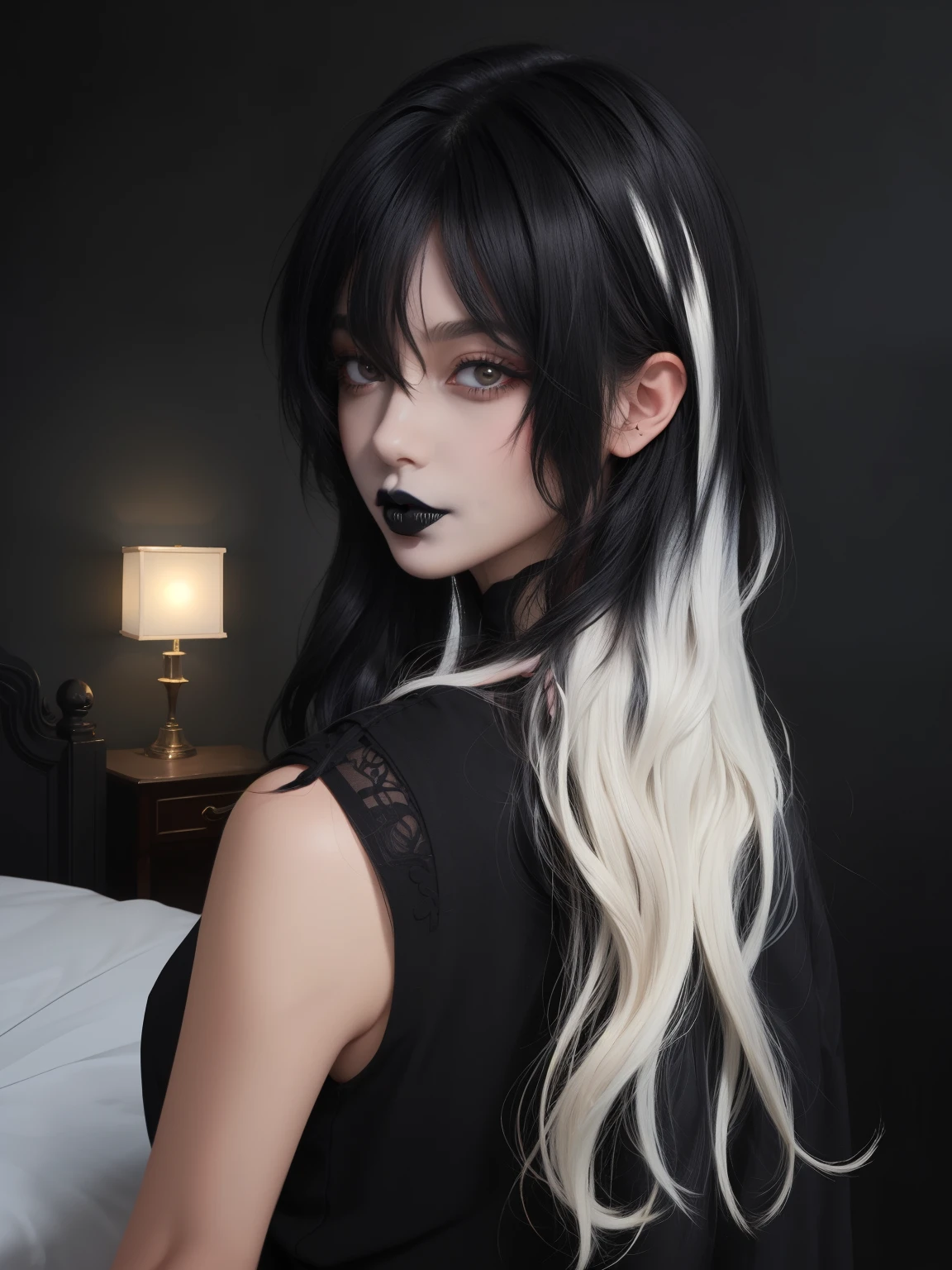 masterpiece, adult, indoors, woman with black and white ombre hair, long hair, looking at viewer, messy hair, bedhead, bedhair, dark lighting, goth, black lipstick