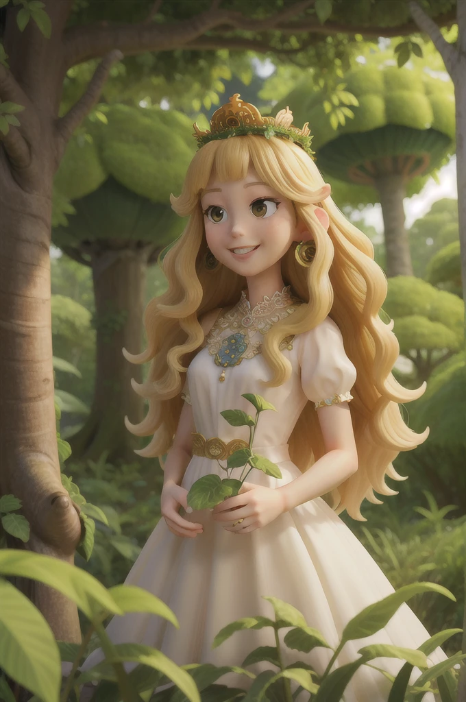 masterpiece, high quality best quality,
1 girl, branching, forest, brown eyes, mushrooms, jungle, leaves, princess in white gown, puffy dress, flowers, flowers, crown, ornaments, earrings, long blonde hair, big wavy curls, nature, smile, plants, solo, trees, vines, sun