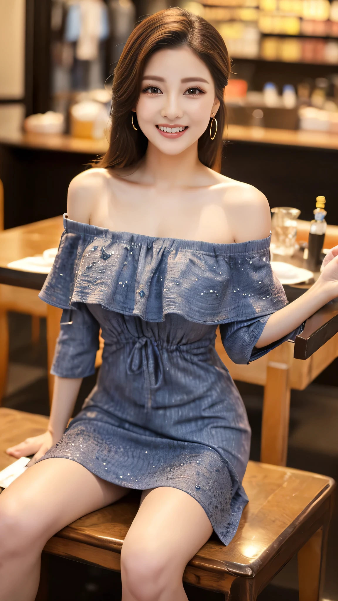 Ulzan-6500-v1.1, (original photo:1.2), (Realism), (transparent:1.3), (real:1.4), Beautiful and detailed ,Extremely detailed eyes and face, ((Off-the-shoulder towelling dress:1.4))、sit on the bed、sit、game_north african free trade area, Huge file size, High resolution, Very detailed, Top quality, [masterpiece:1.6], Implications, Very detailed, north african trade zone, Fine details, Top quality, 8k wallpaper, light, 1 , 42 years old, Perfect body shape, Cute droopy eyes beautiful big eyes、Pickfinger, ((On the table)), best quality, Eyeshadow, portrait, ((full-body shot:1.4))、(Very friendly smile:1.2)、Realistic skin texture、shiny skin、Show your thighs!!!