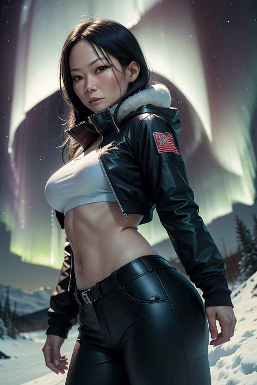 ((nsfw)),Cyberpunk, mechanical, broken, there is a picture of a very large iceberg, cyberpunk, mechanical, broken, with a lot of snow, dungeon background, icicle background, arena background, game background, dark dark cave background,a female warrior standing still