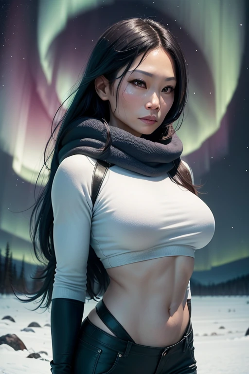 {Lucy Liu, linda, corpo inteiro perfeito, neve, frio, cachecol, toca, aurora boreal.
