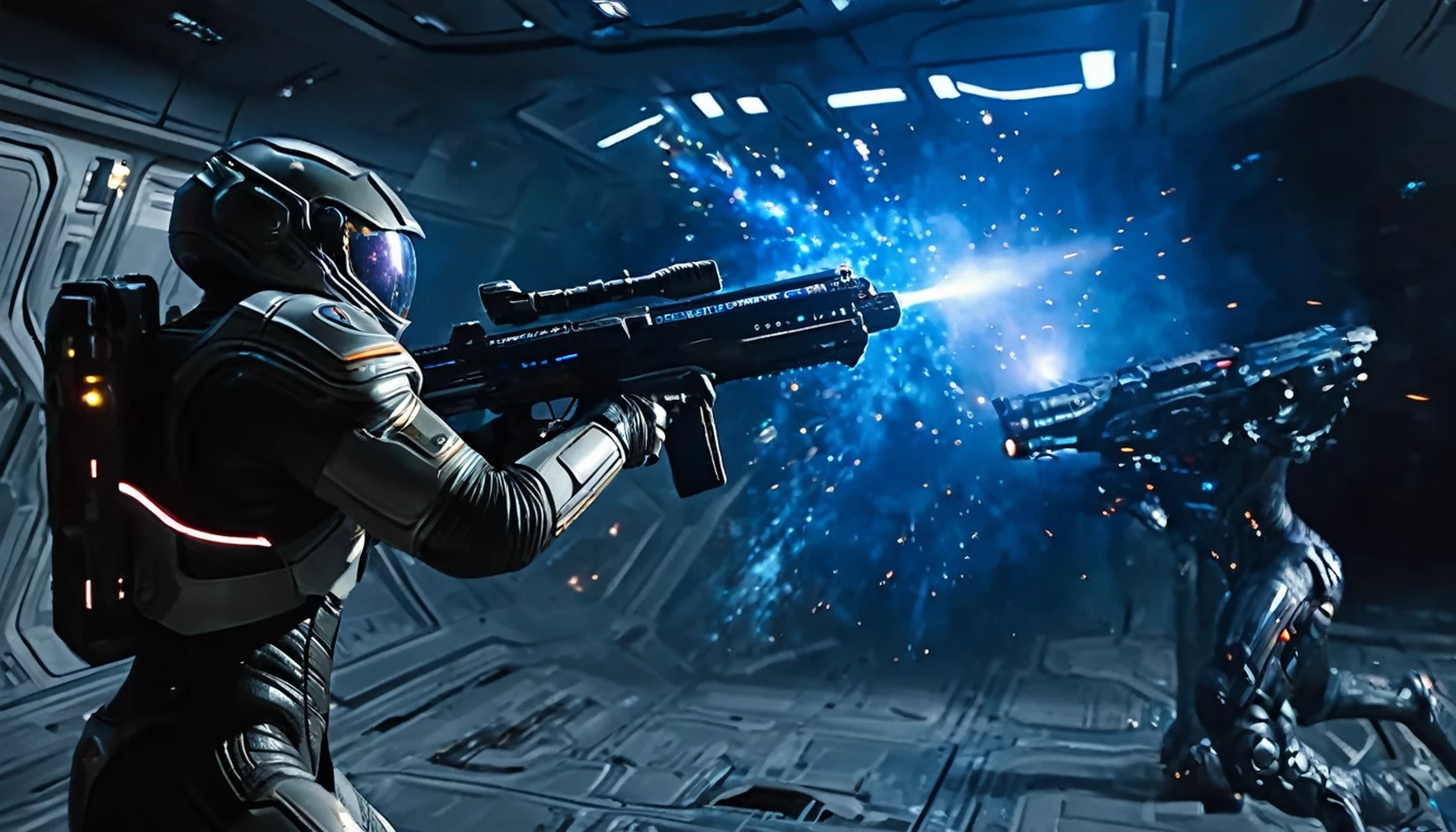 (Masterpiece: 1.3), (8k, realistic, RAW photo, best quality: 1.4),a space solider, euip nova suit, fighting to unknown creatures, and solider have a plasma gun, shooting all the unknown creature, the surrounding area is under the spaceship, alien creatures in spaceship, the situation is do or die, fully realistic Picture