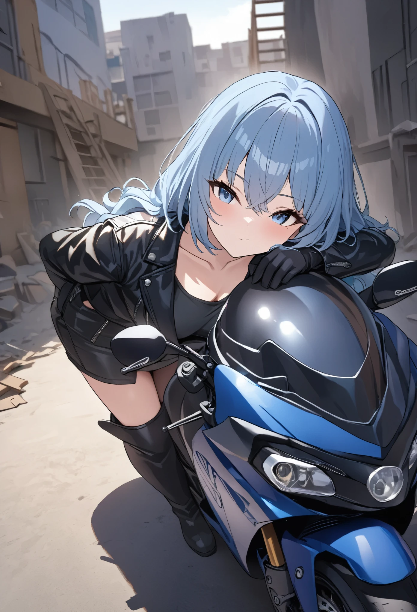 (((masterpiece, highest quality, High resolution,8k))),medium hair,Light blue hair,wavy hair,Light blue eyes,black rider's leather jacket,black leather rider's pants,riding glove,boots,GSX 250,(((Leaning on the motorcycle))),Building site,Have a helmet