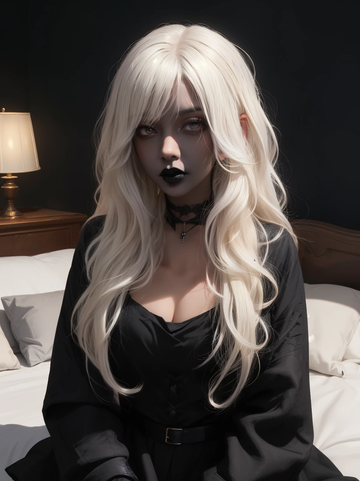 masterpiece, adult, indoors, woman with white and black ombre hair, long hair, looking at viewer, messy hair, bedhead, bedhair, dark lighting, goth, black lipstick