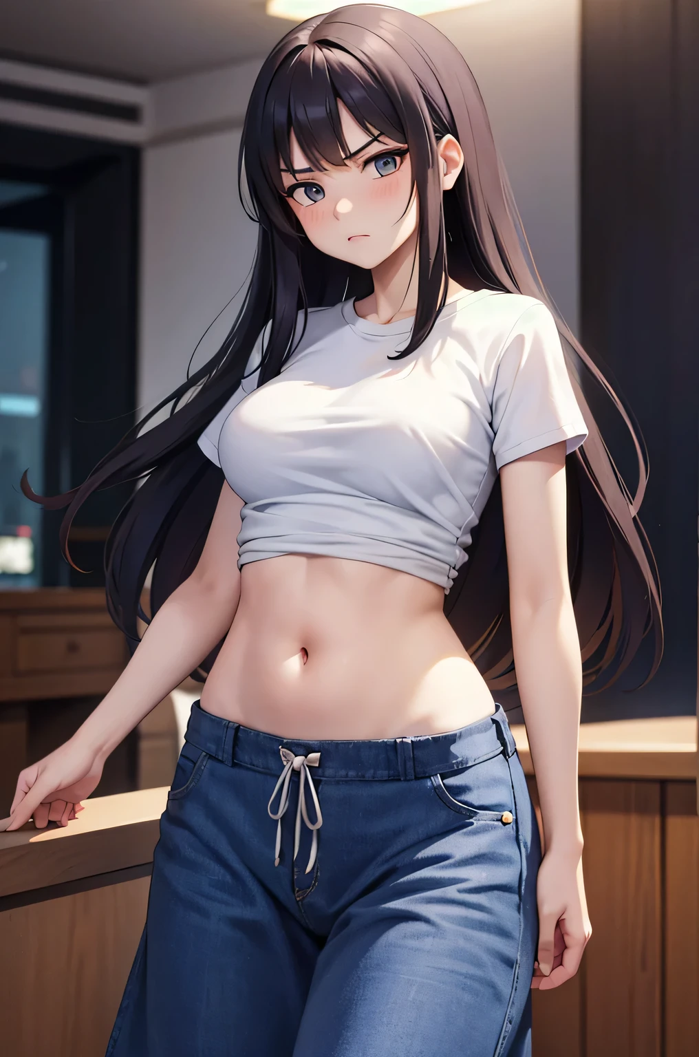 super fine illustration, vibrant colors, masterpiece, sharp focus, best quality, depth of field, cinematic lighting, ultra detailed, short sleeves, t-shirt, straight long skirt, belly button, midriff, hips, 1 woman, home, solo, milf, long hair, slender, blush, annoyed, casual, mature female, tall body, looking down, medium breasts