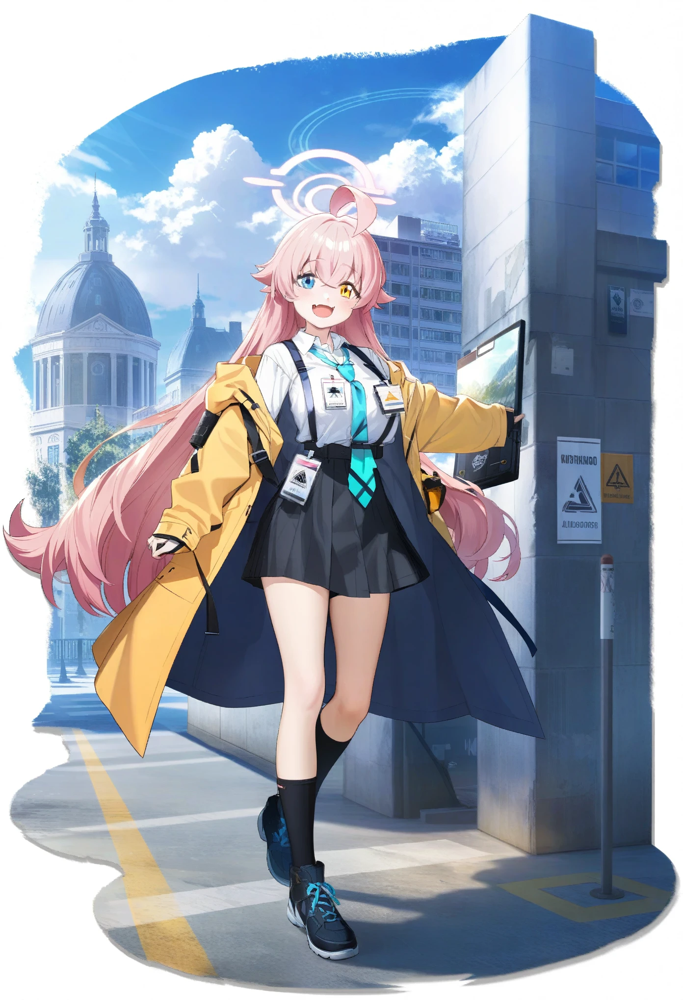 1girl, solo,hoshino_\(blue_archive\),pink_hair,solo,heterochromia,white_shirt,long_hair,blue_eyes,fang,blue_necktie,ahoge,yellow_eyes,looking_at_viewer,collared_shirt,outdoors,hair_between_eyes,smile, id_card,open_mouth,pink_halo,building,cloudy_sky,shoulder_strap, huge breast,

((transparent background)), 8K, HD, HDR, masterpiece quality, ultra-detailed, realistic, vibrant colors, (portraits, anime, concept artists), warm color tone, soft and natural lighting.