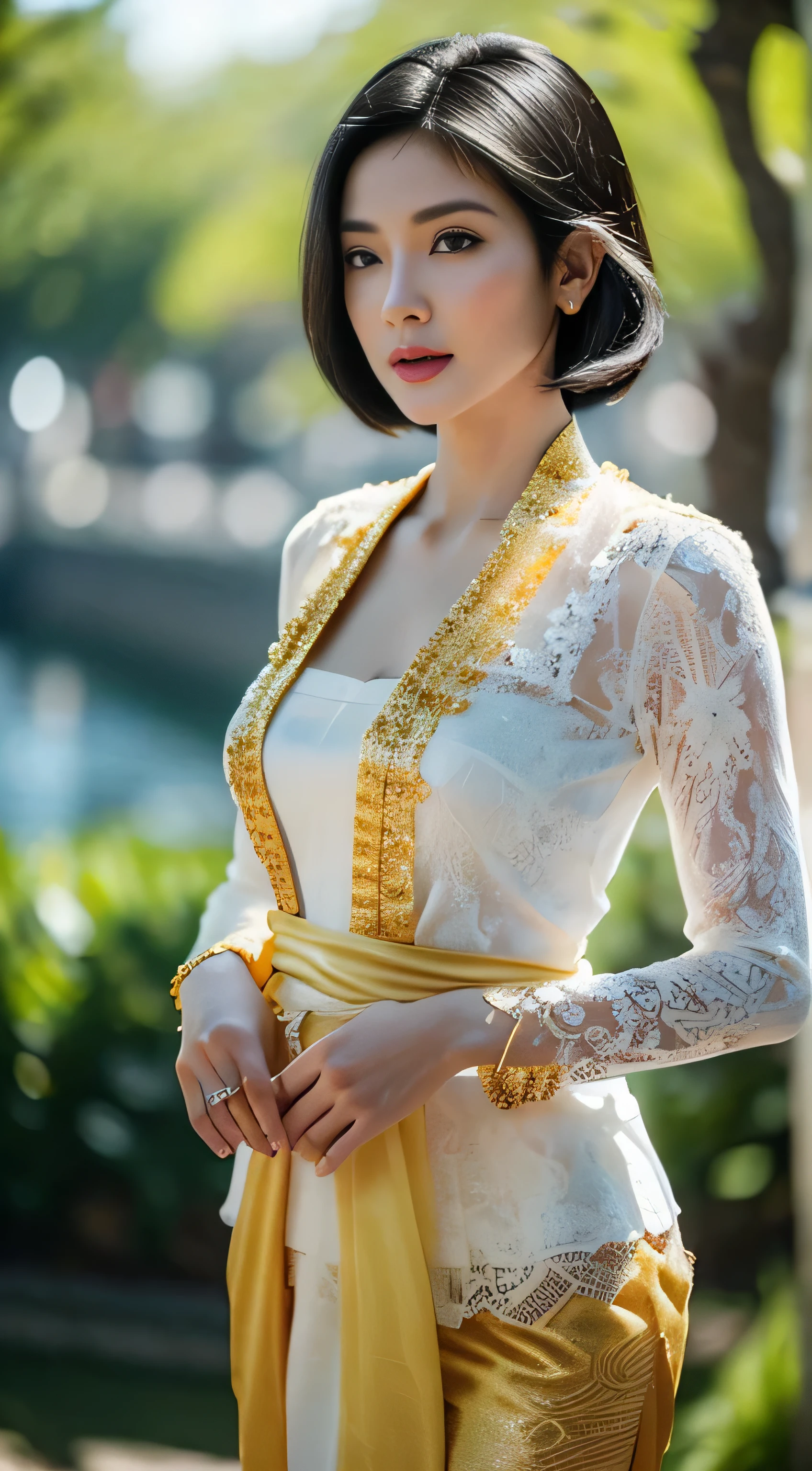 Photorealistic Production, (One Person), (Realistic Image of a 25 Years Old asian Female Model), (straight short bob black Hair:1.6), (Athletic Body Builds:1.4), (Pale Skin:1.4), (Wearing a White Ornated Kebaya Dress with Silk Cloth and Golden Jeweleries:1.6), (Serious Face), (Deep Cleavage), (Elegant Pose:1.6), Centered, (Waist-up Shot:1.4), From Front Shot, Insane Details, Intricate Face Detail, Intricate Hand Details, Cinematic Shot and Lighting, Realistic Colors, Masterpiece, Sharp Focus, Ultra Detailed, Taken with DSLR camera, Realistic Photography, Depth of Field, Incredibly Realistic Environment and Scene, Master Composition and Cinematography