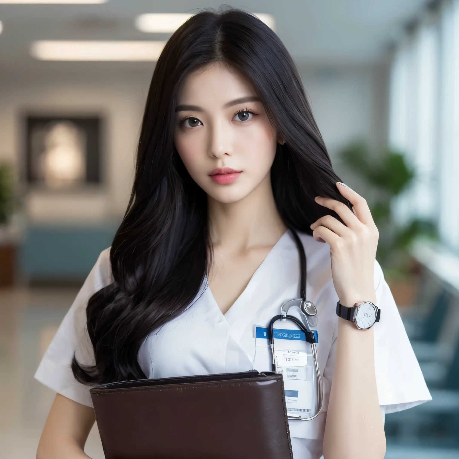 ((Best quality, 8k, Masterpiece :1.3)), Whole body, Long legs, Sharp focus :1.2, a young woman, nurse, long black hair, white nurse uniform, pink lips, eyeshadow, hospital background, wearing a watch, carrying a folder, Asian woman, career woman, realistic, ultra HD, Highly detailed face and skin texture, Detailed eyes, Double eyelid, ((Perfect Fingers, Perfect Eyes, V-shape Face))