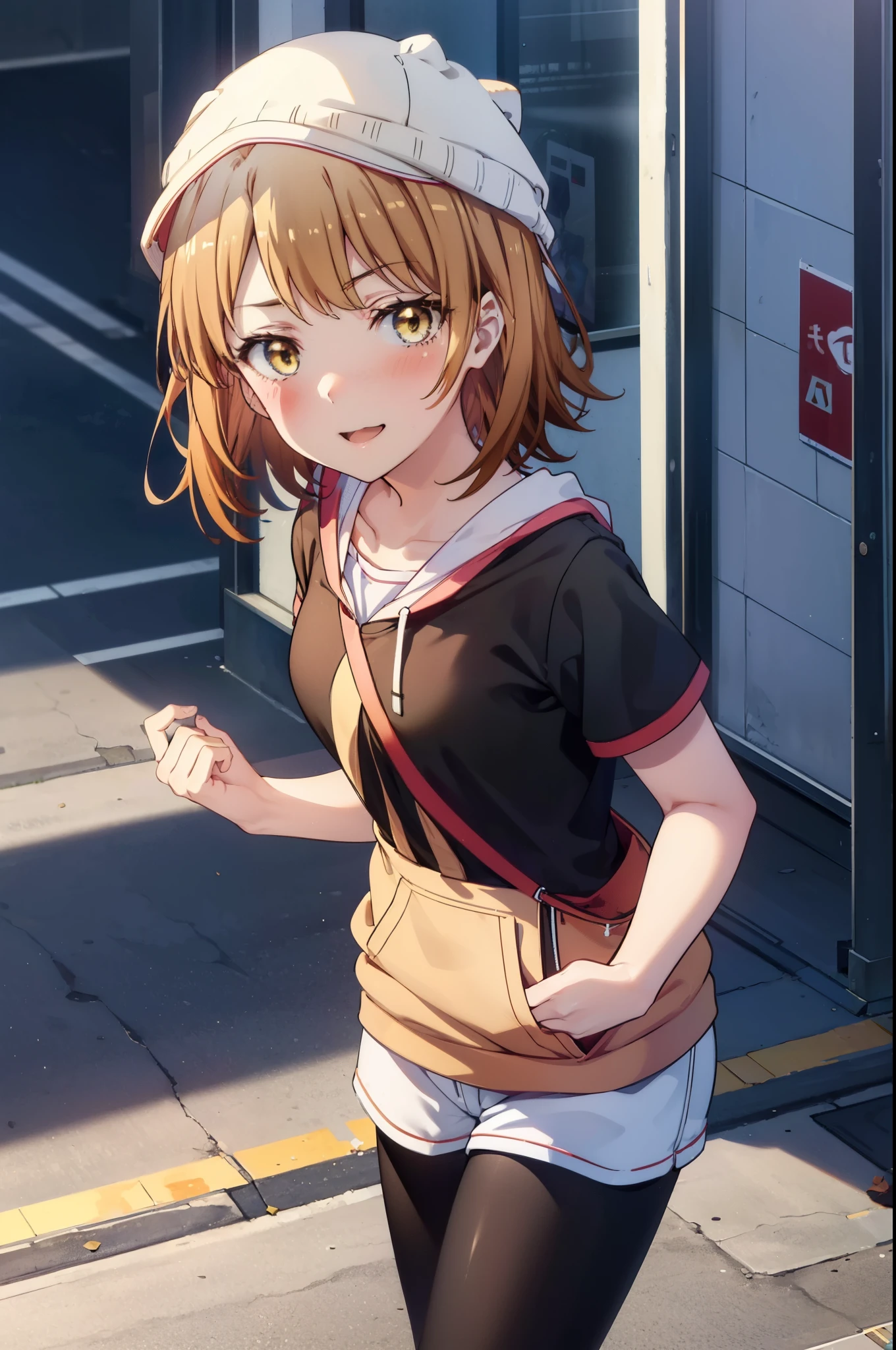 irohaisshiki, iroha isshiki, short hair, Brown Hair, (Brown eyes:1.5), happy smile, smile, Open your mouth,blush,Applejack Hat,Black hoodie,Short sleeve,The front is free,Shorts,black tights,short boots,Looking down from above,whole bodyがイラストに入るように,Daytime,Clear skies,
break looking at viewer,whole body,
break outdoors, In town,Building district,
break (masterpiece:1.2), highest quality, High resolution, unity 8k wallpaper, (shape:0.8), (Beautiful and beautiful eyes:1.6), Highly detailed face, Perfect lighting, Highly detailed CG, (Perfect hands, Perfect Anatomy),