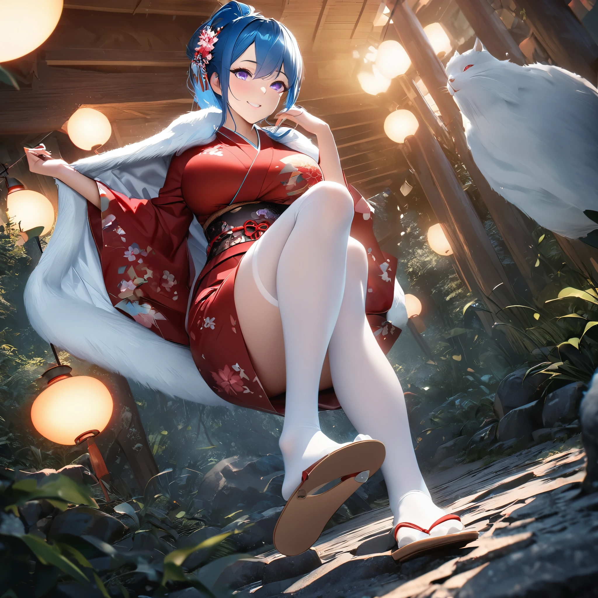 A woman wearing a red yukata with long-sleeved flower designs, blue hair, big breasts, purple eyes, smiling, ponytail hair, red bow and flowers in her hair, long white stockings, white fur cape on her shoulders, flip-flops Japanese woman on her feet, walking on a stone sidewalk, traditional Japanese lamps illuminating the place, in a traditional Japanese forest, full body,perfect face,bokeh effect, stereogram, tachi-e, pov, atmospheric perspective, high detail, luminism, hyperrealism, brightness, 8k, super detail, accurate, best quality, high resolution, award-winning, anatomically correct ( solo woman)
