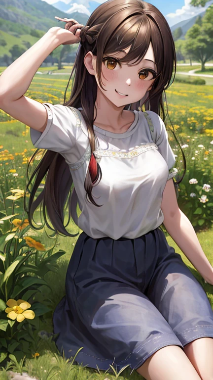 obra maestra, mejor calidad, high resolution, chi1, 1 chica, pelo largo, trenza, one side up, solo, blusa blanca lisa con cuello alto, Falda a cuadros verde hasta la rodilla, golpes, al aire libre, sonrisa, pendientes, sosteniendo una bolsa
